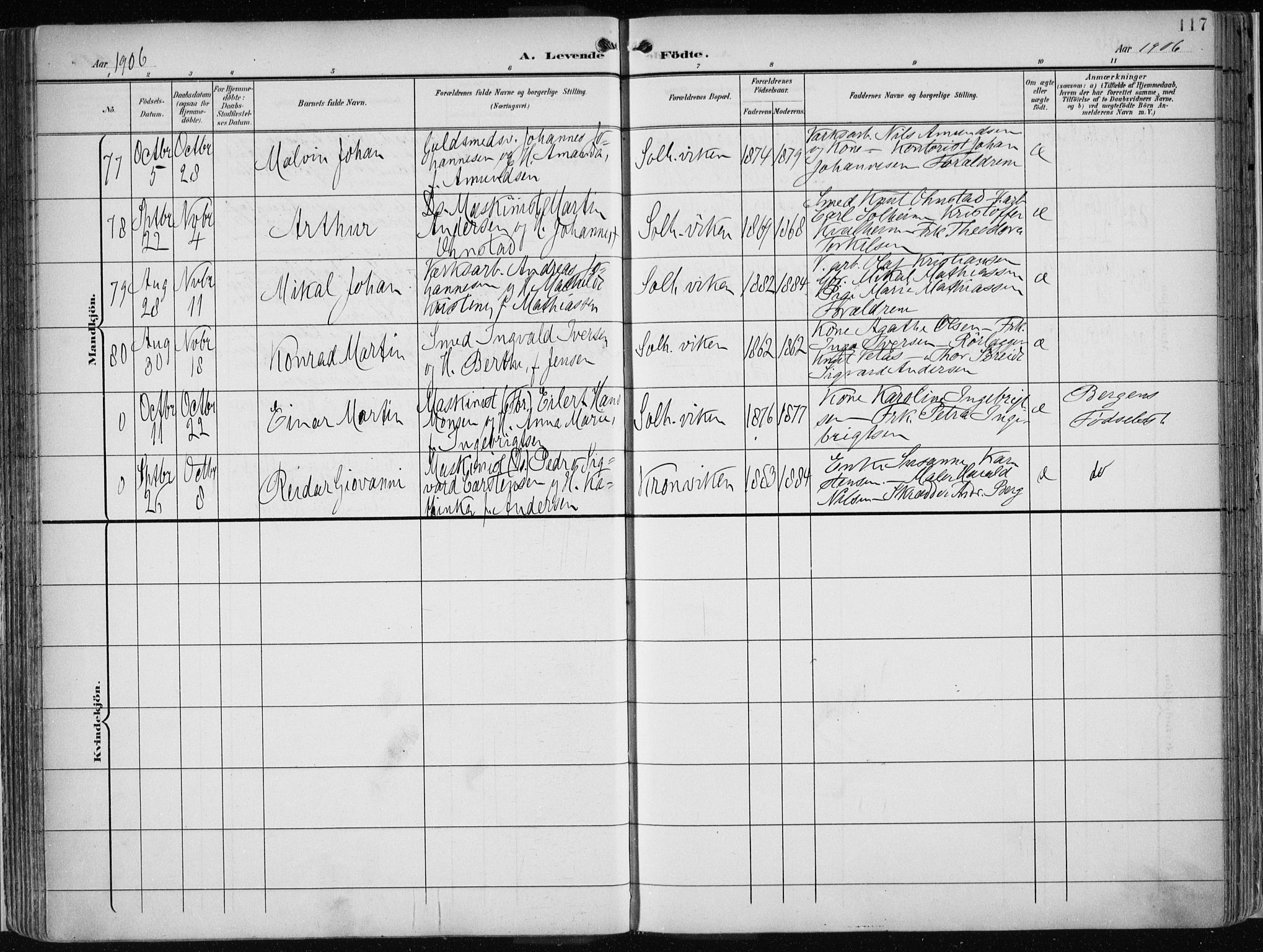 Årstad Sokneprestembete, AV/SAB-A-79301/H/Haa/L0002: Parish register (official) no. A 2, 1899-1914, p. 117