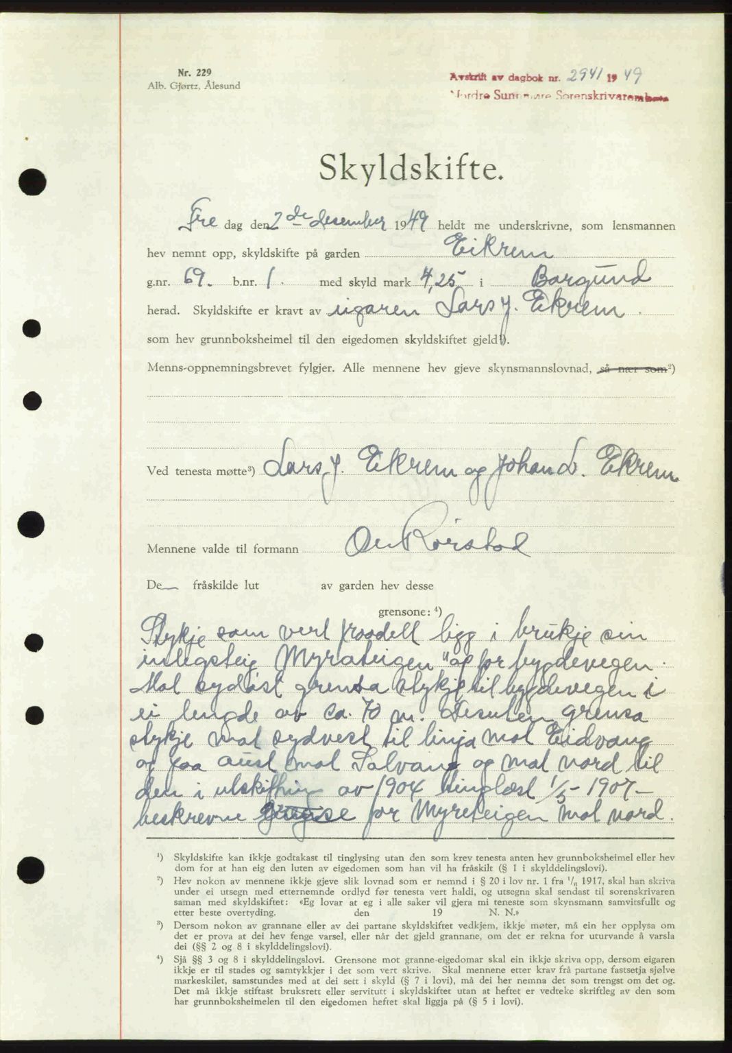 Nordre Sunnmøre sorenskriveri, AV/SAT-A-0006/1/2/2C/2Ca: Mortgage book no. A33, 1949-1950, Diary no: : 2941/1949