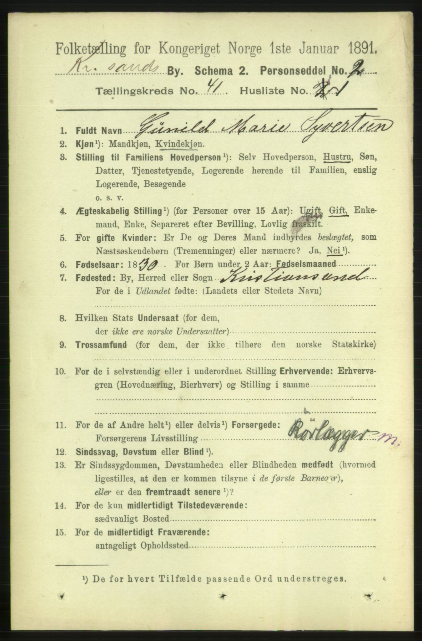 RA, 1891 census for 1001 Kristiansand, 1891, p. 12485