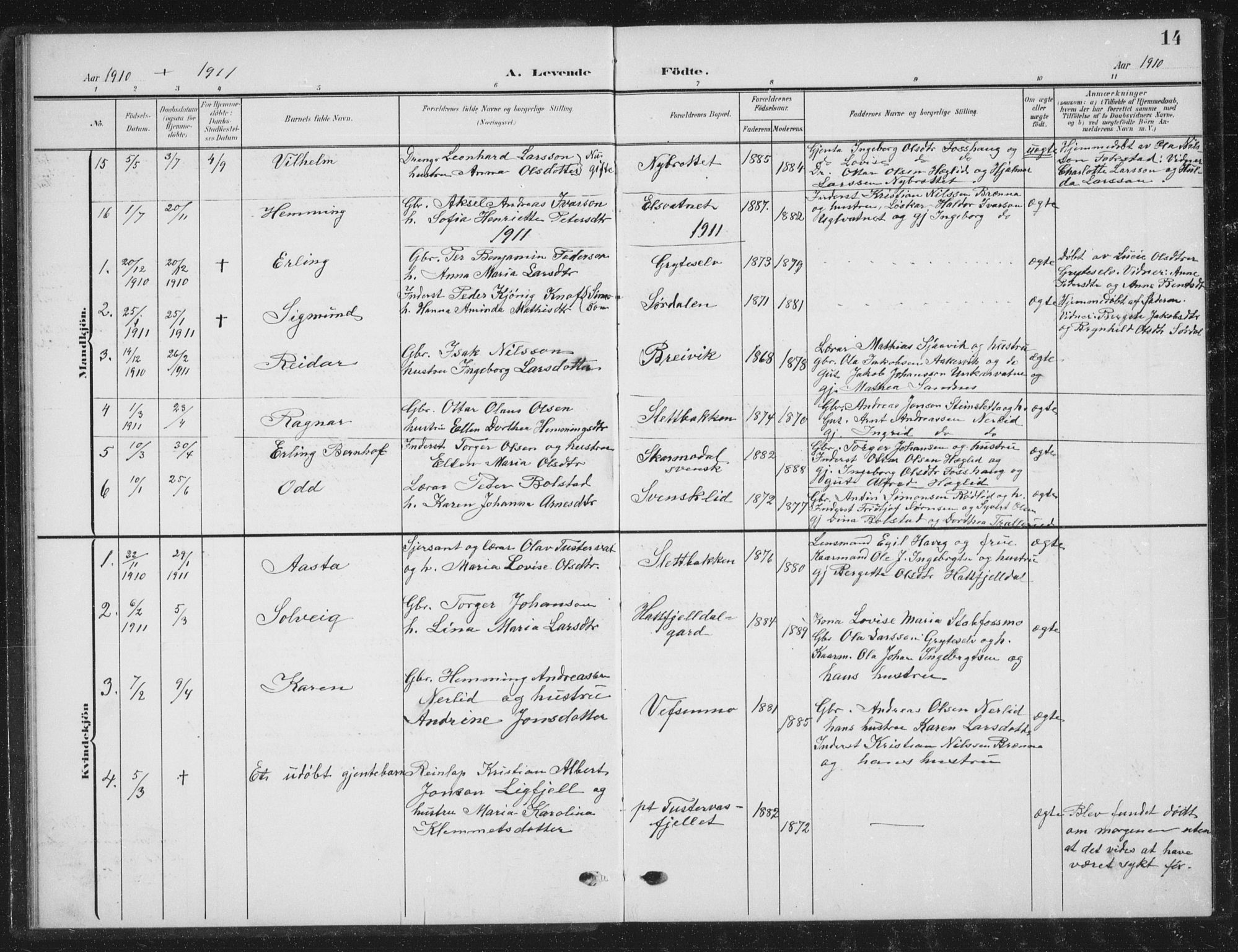 Ministerialprotokoller, klokkerbøker og fødselsregistre - Nordland, AV/SAT-A-1459/823/L0331: Parish register (copy) no. 823C03, 1905-1934, p. 14