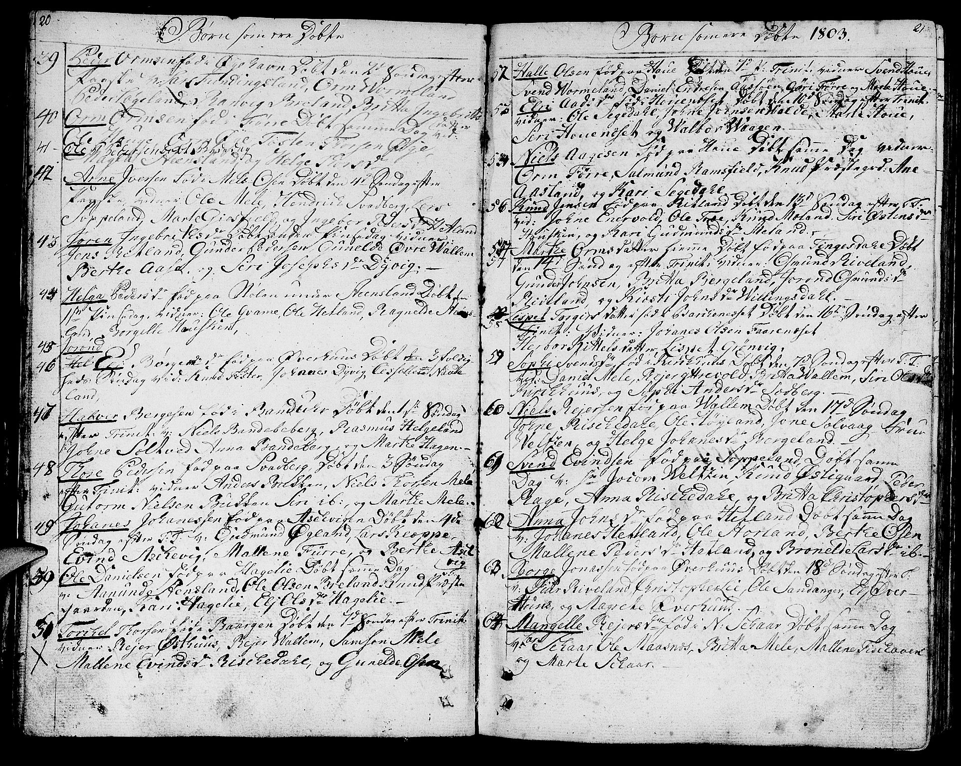 Hjelmeland sokneprestkontor, AV/SAST-A-101843/01/IV/L0002: Parish register (official) no. A 2, 1799-1816, p. 20-21