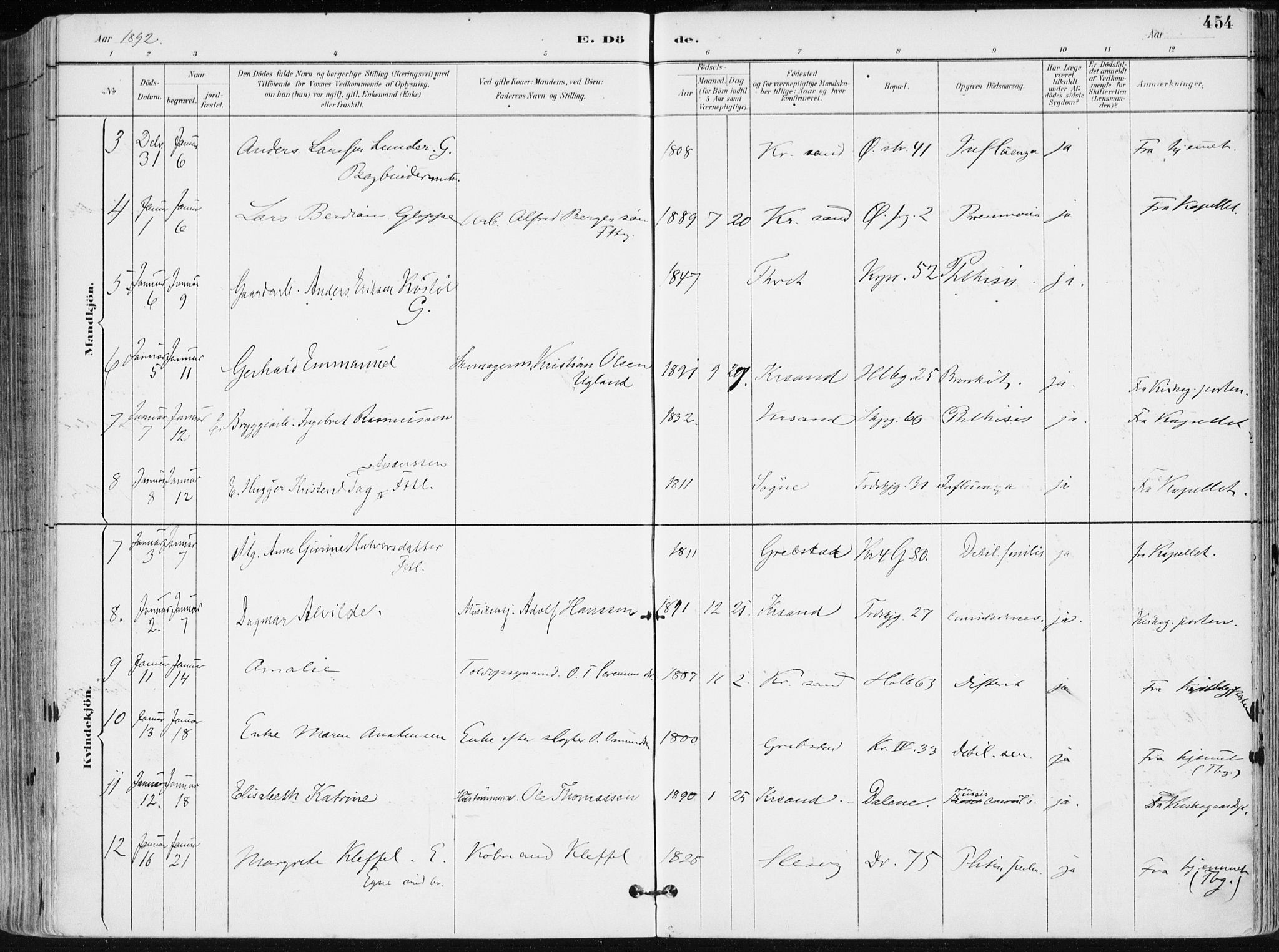 Kristiansand domprosti, SAK/1112-0006/F/Fa/L0019: Parish register (official) no. A 18, 1890-1897, p. 454