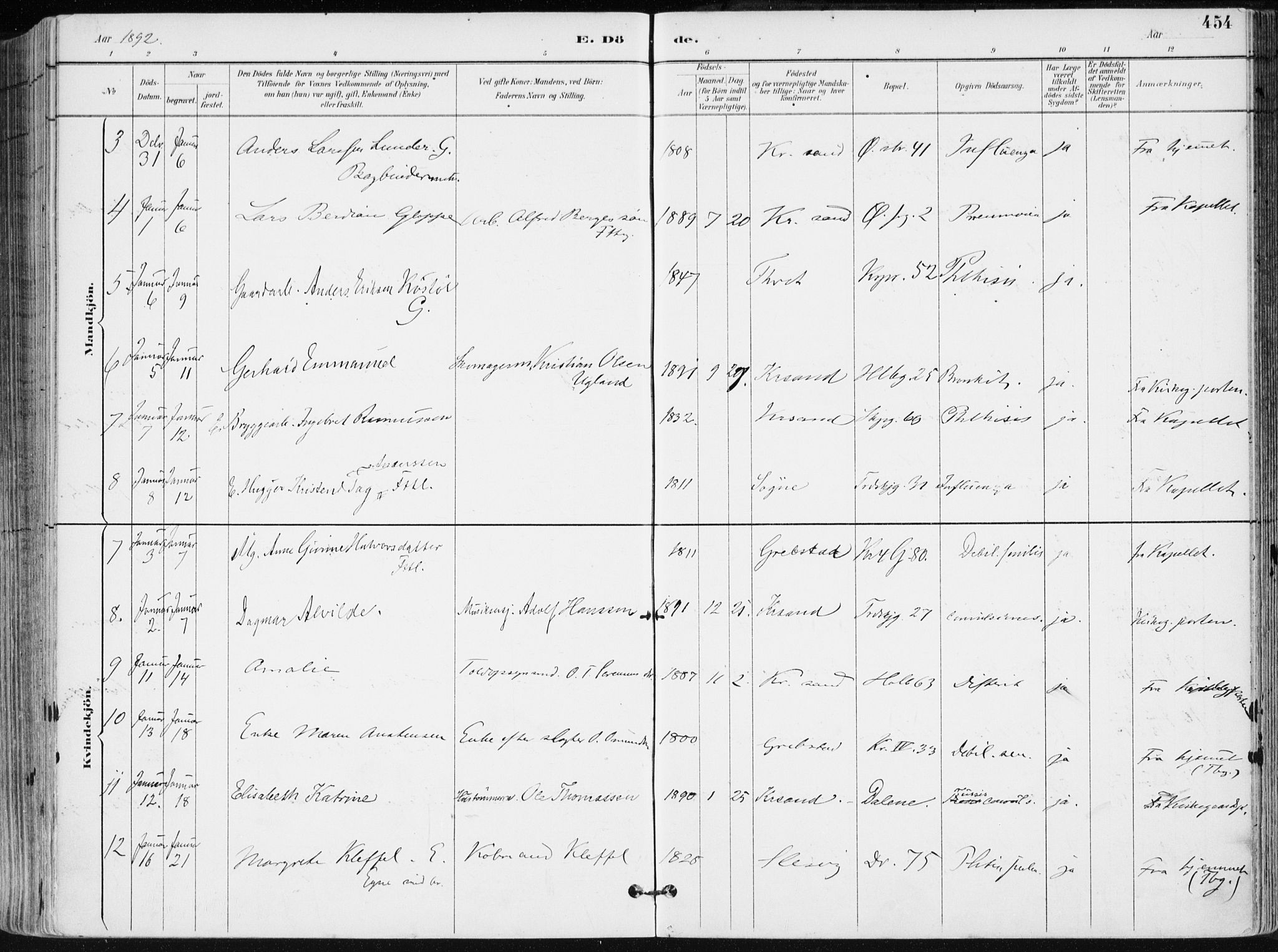 Kristiansand domprosti, AV/SAK-1112-0006/F/Fa/L0019: Parish register (official) no. A 18, 1890-1897, p. 454