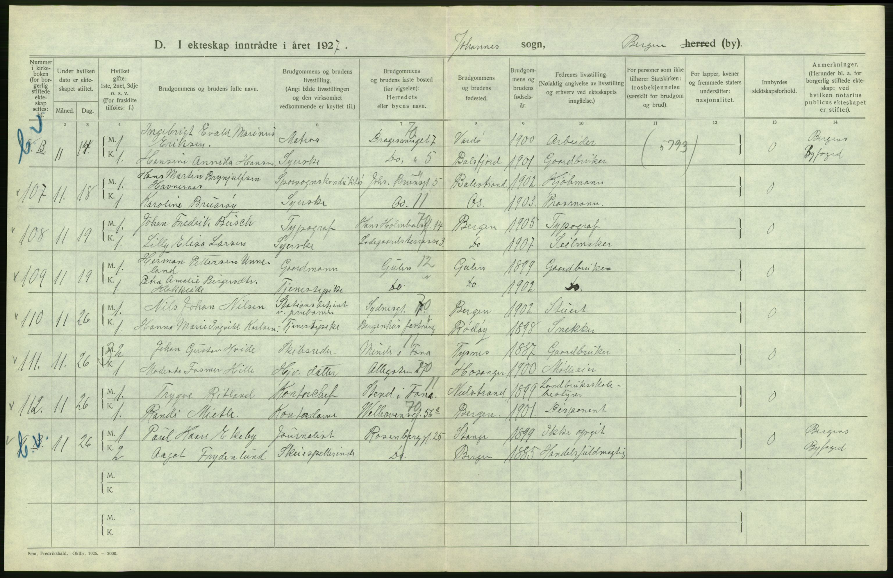 Statistisk sentralbyrå, Sosiodemografiske emner, Befolkning, AV/RA-S-2228/D/Df/Dfc/Dfcg/L0028: Bergen: Gifte, døde., 1927, p. 90