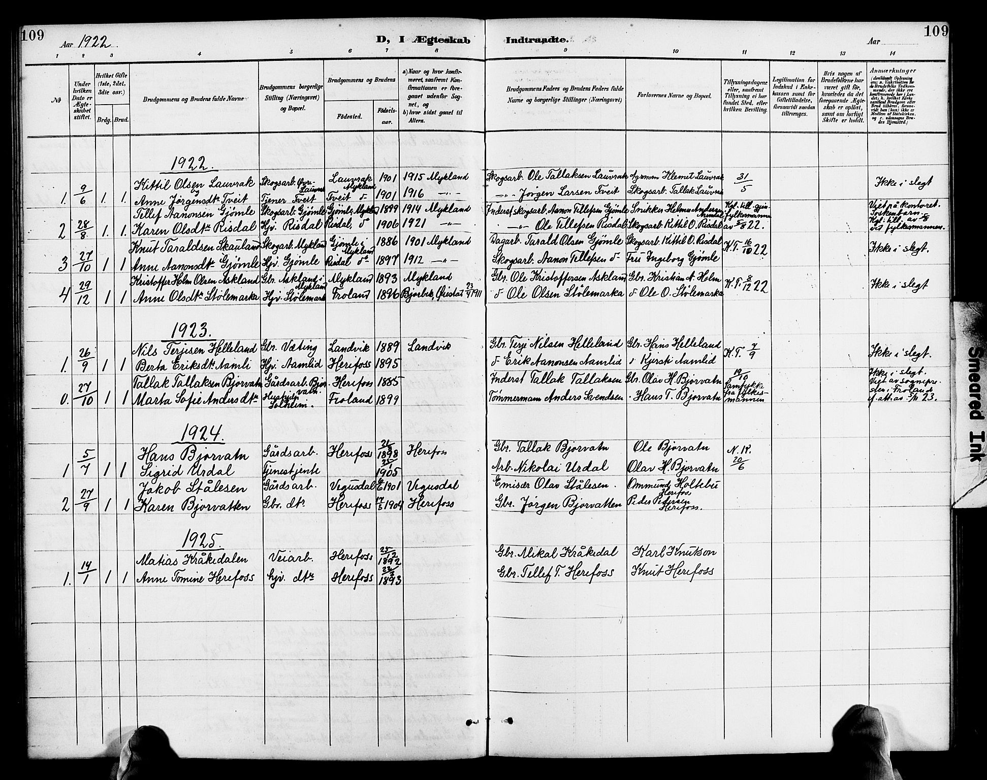Herefoss sokneprestkontor, SAK/1111-0019/F/Fb/Fba/L0003: Parish register (copy) no. B 3, 1887-1925, p. 109