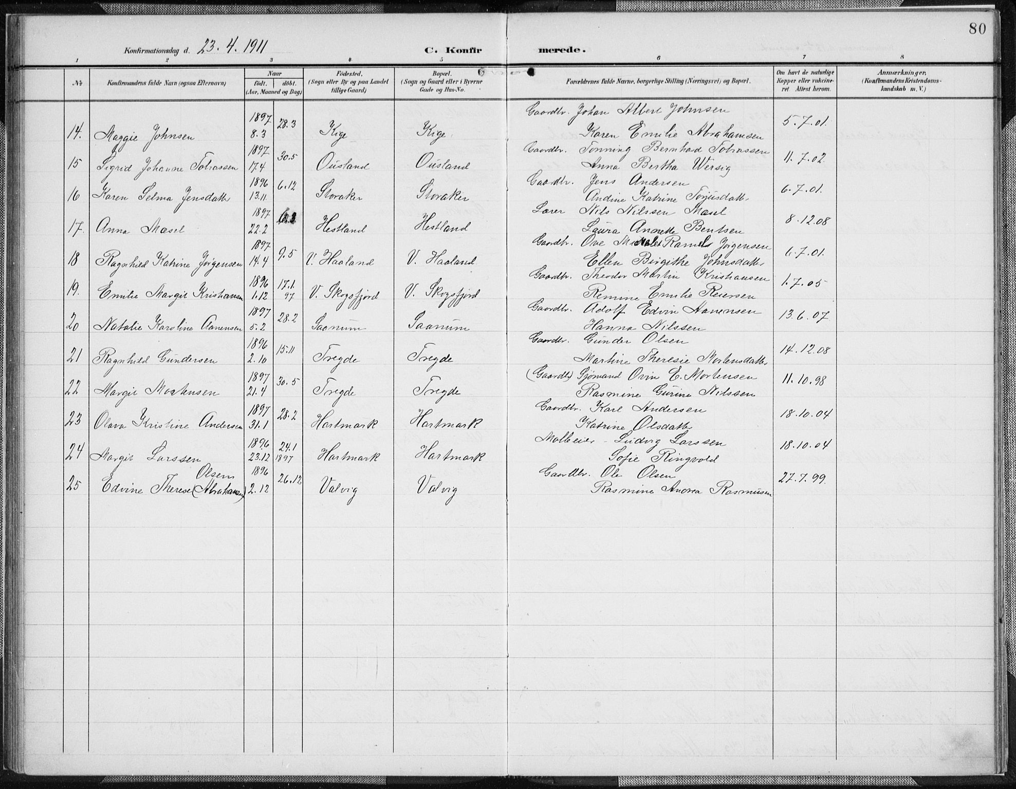 Mandal sokneprestkontor, AV/SAK-1111-0030/F/Fa/Faa/L0019: Parish register (official) no. A 19, 1902-1912, p. 80