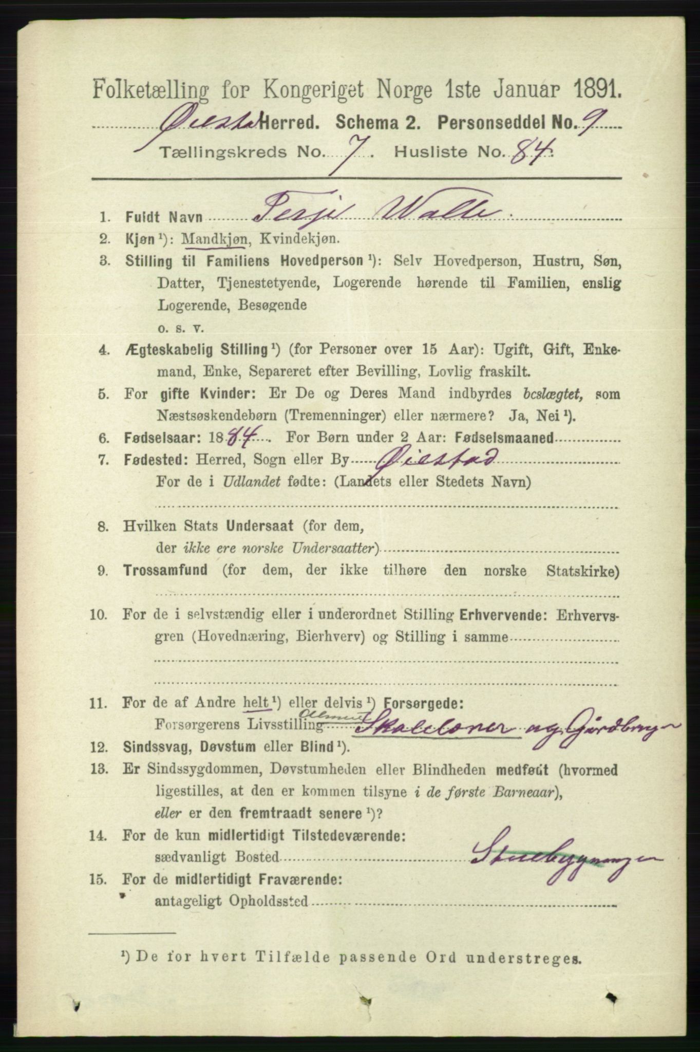 RA, 1891 census for 0920 Øyestad, 1891, p. 3132