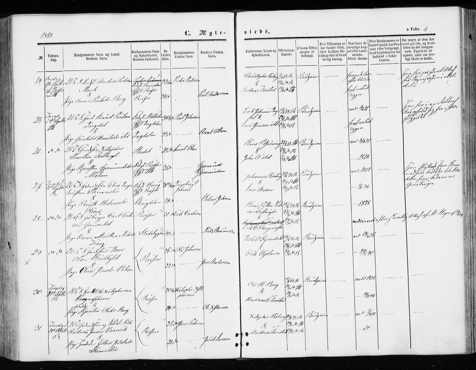 Ministerialprotokoller, klokkerbøker og fødselsregistre - Sør-Trøndelag, SAT/A-1456/646/L0612: Parish register (official) no. 646A10, 1858-1869, p. 4