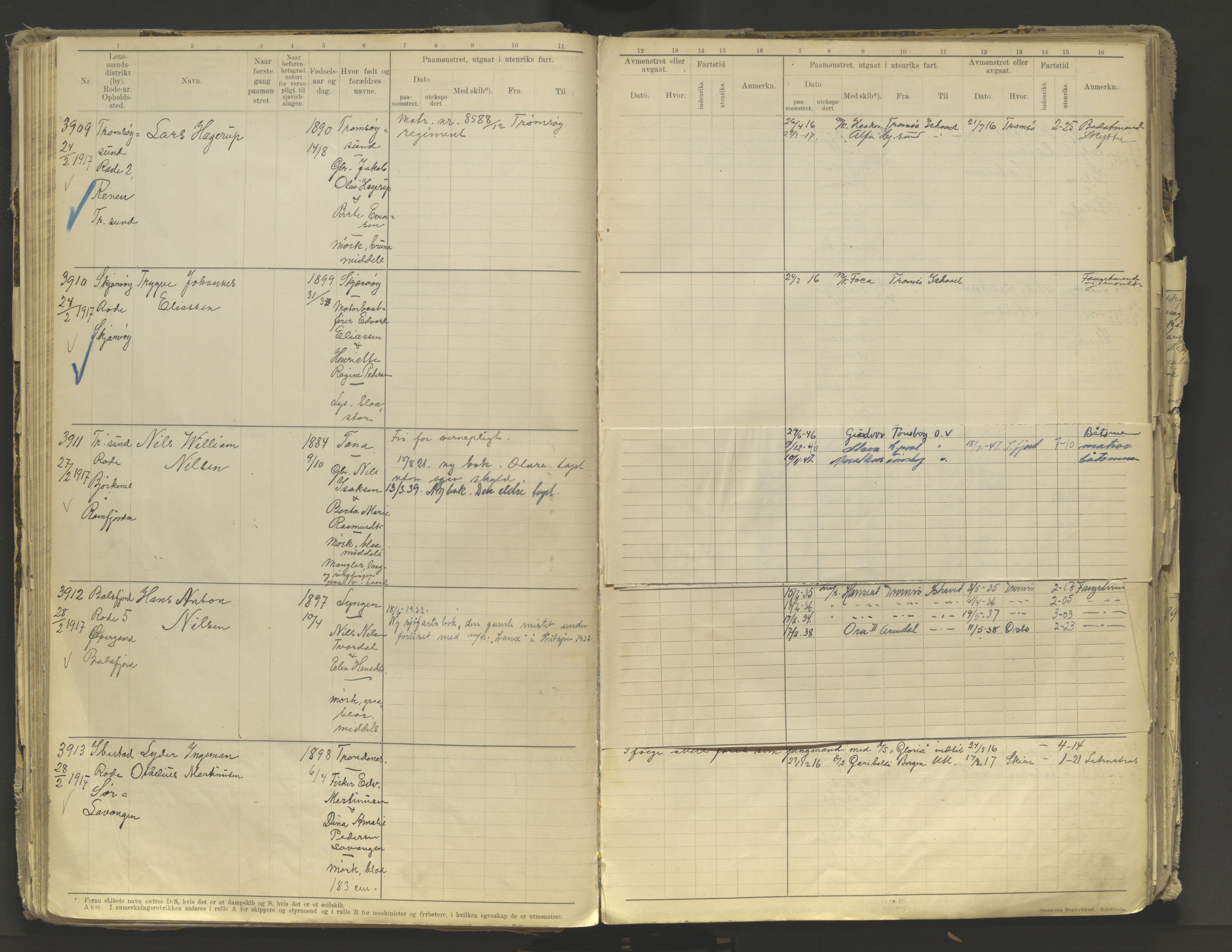 Tromsø sjømannskontor/innrullerings-/mønstringsdistrikt, AV/SATØ-S-0243/F/Fb/L0010: Annotasjonsrulle. Defekt: løs innbinding. Nr. 3519-4972, 1916-1920