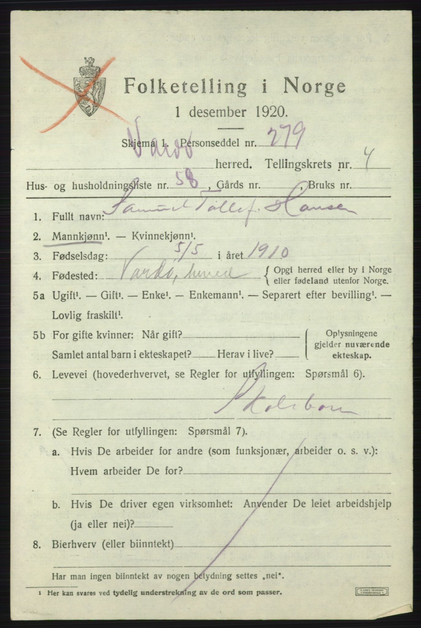 SATØ, 1920 census for Vardø rural district, 1920, p. 2584