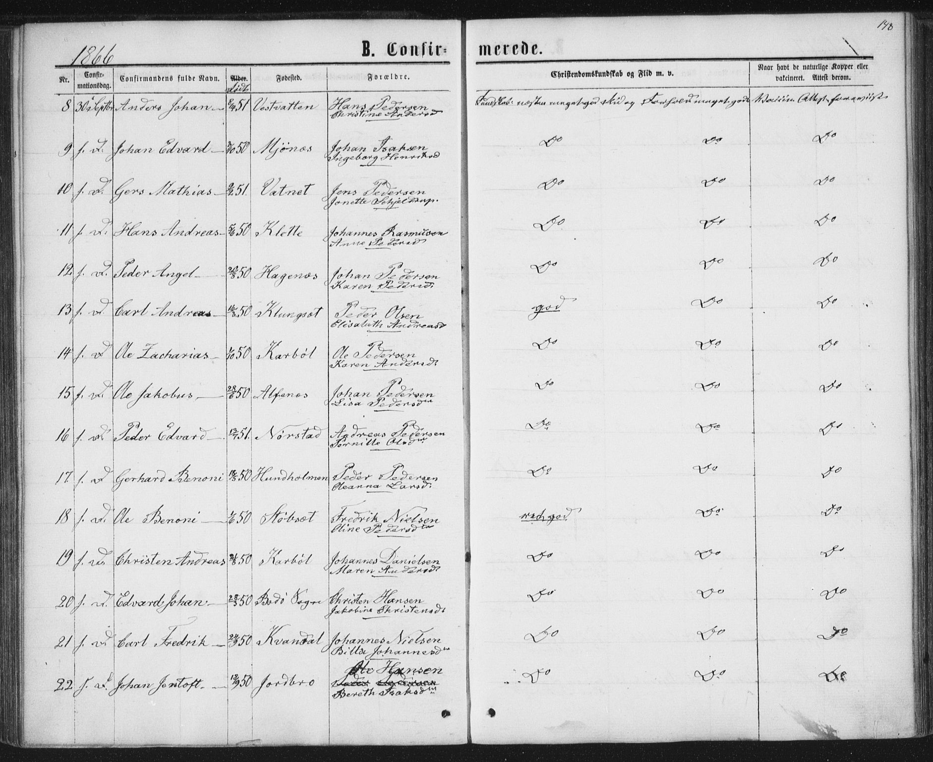 Ministerialprotokoller, klokkerbøker og fødselsregistre - Nordland, AV/SAT-A-1459/852/L0739: Parish register (official) no. 852A09, 1866-1877, p. 148