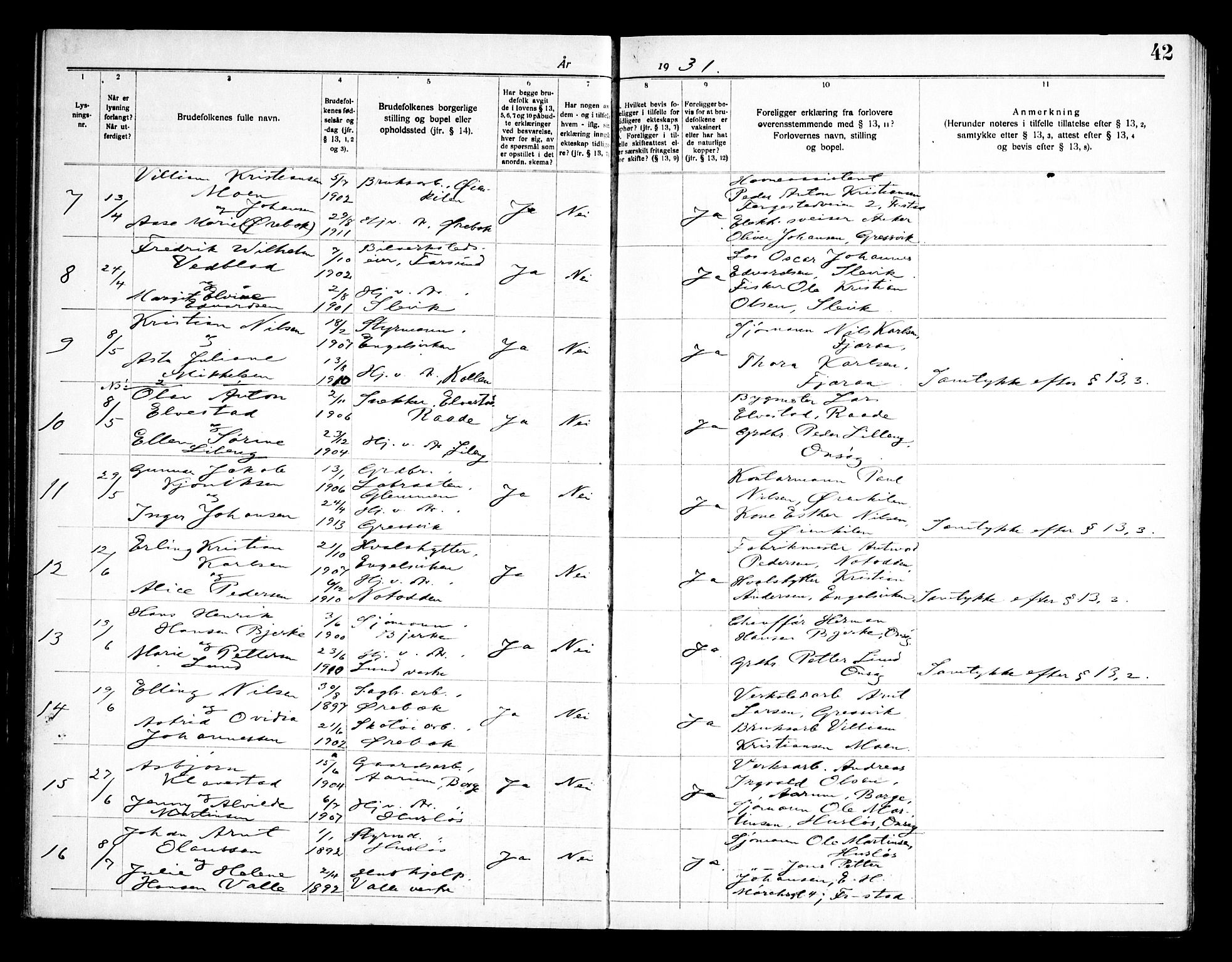 Onsøy prestekontor Kirkebøker, SAO/A-10914/H/Ha/L0001: Banns register no. I 1, 1919-1956, p. 42