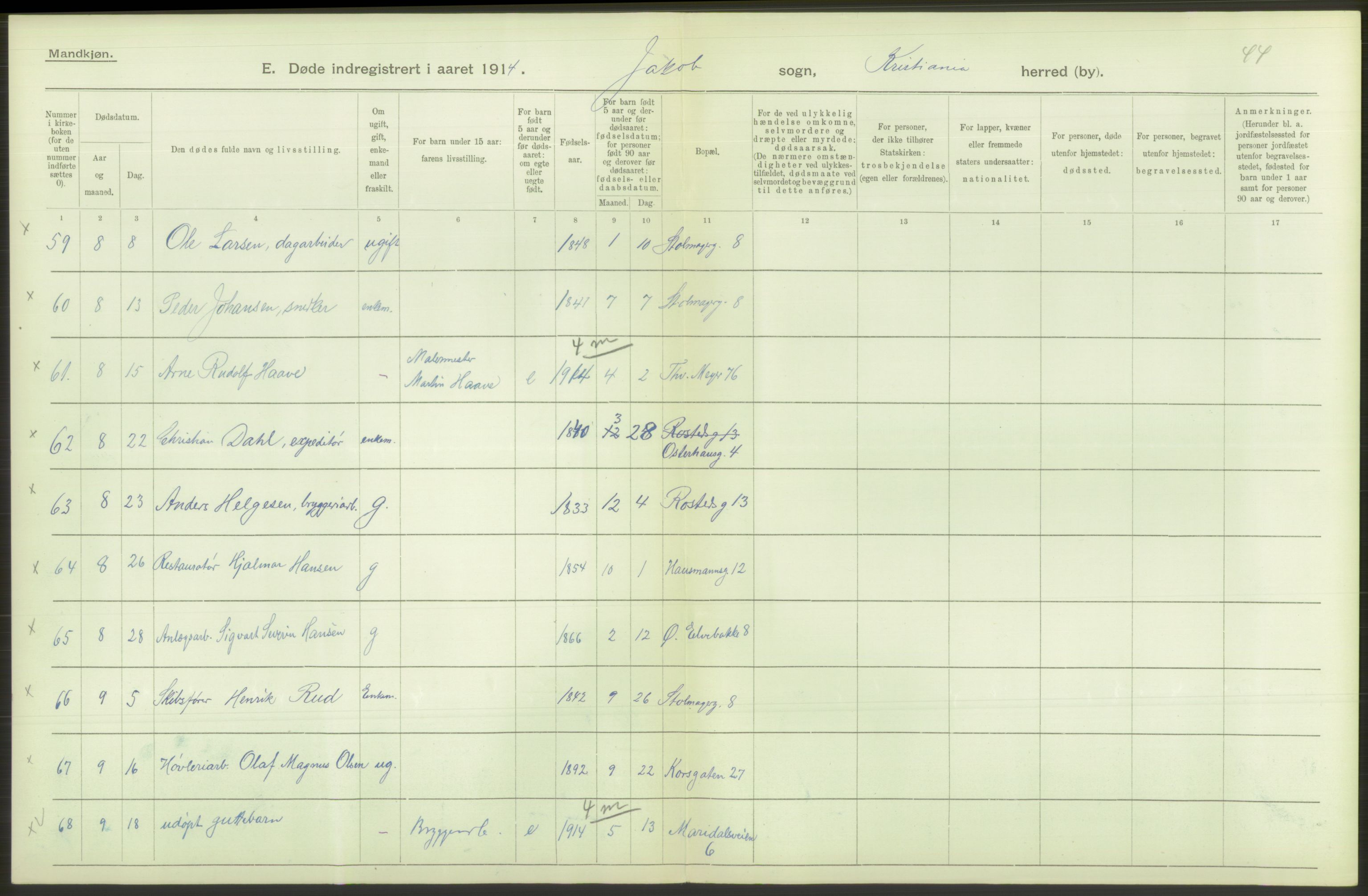 Statistisk sentralbyrå, Sosiodemografiske emner, Befolkning, AV/RA-S-2228/D/Df/Dfb/Dfbd/L0008: Kristiania: Døde, 1914, p. 552