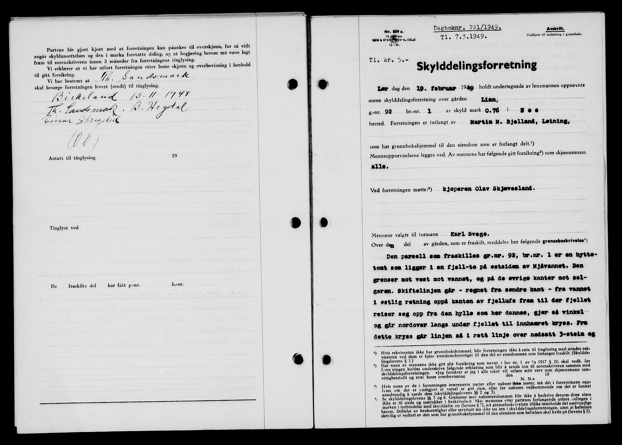 Flekkefjord sorenskriveri, SAK/1221-0001/G/Gb/Gba/L0064: Mortgage book no. A-12, 1948-1949, Diary no: : 221/1949