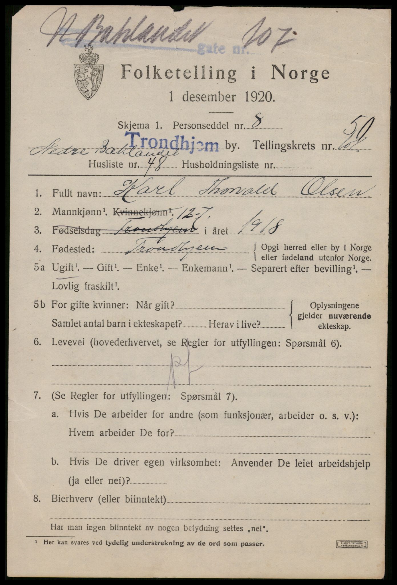 SAT, 1920 census for Trondheim, 1920, p. 105078