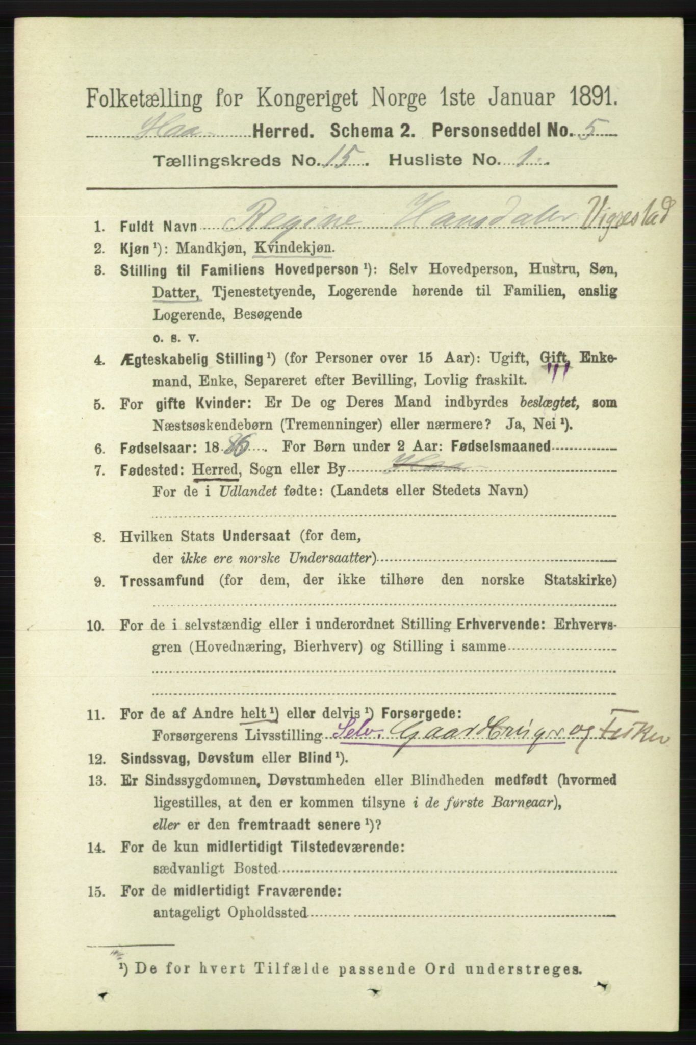 RA, 1891 census for 1119 Hå, 1891, p. 3643