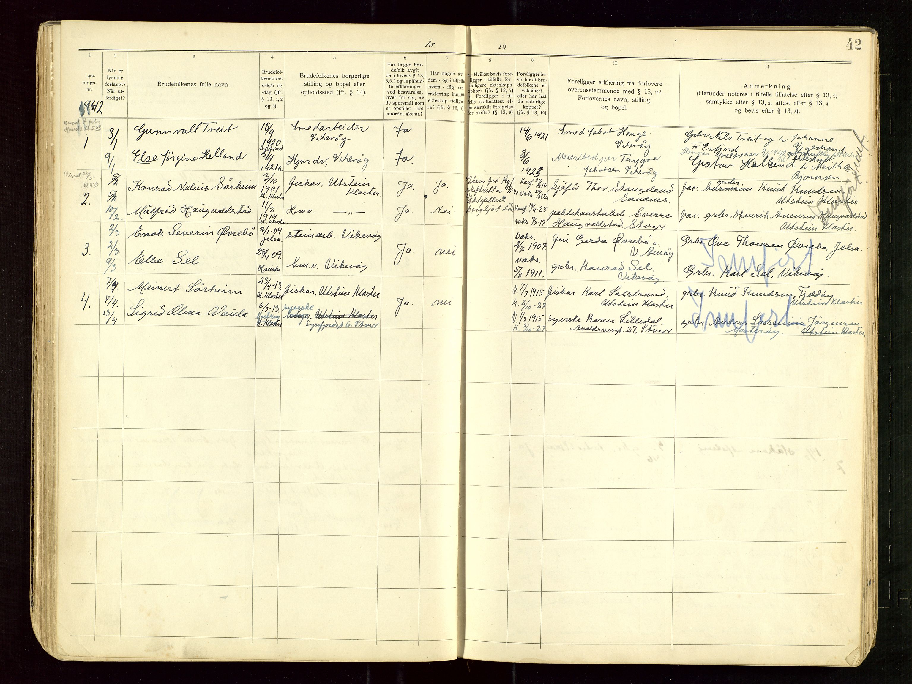 Rennesøy sokneprestkontor, AV/SAST-A -101827/I/Ie/L0002: Banns register no. 2, 1918-1969, p. 42