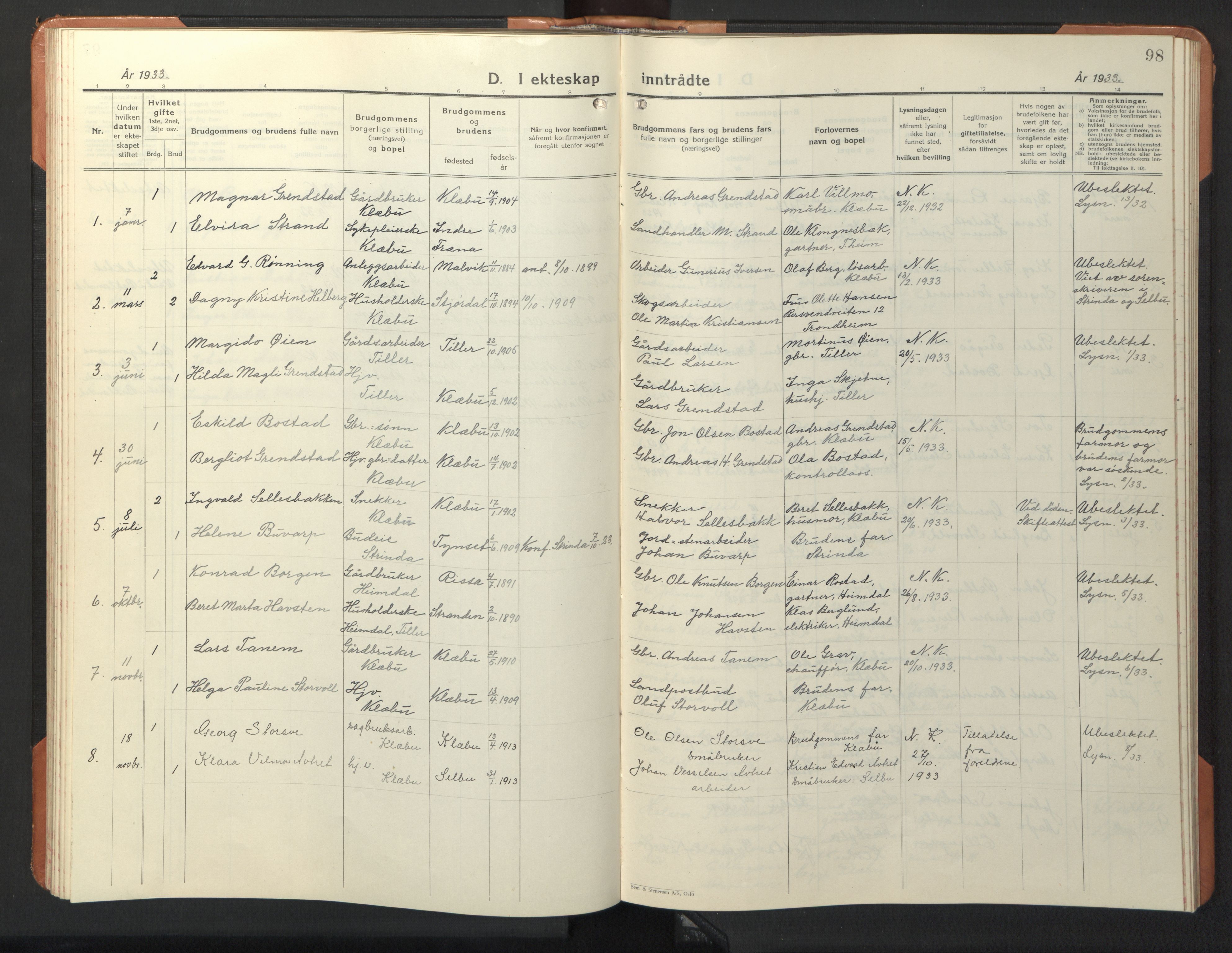 Ministerialprotokoller, klokkerbøker og fødselsregistre - Sør-Trøndelag, SAT/A-1456/618/L0454: Parish register (copy) no. 618C05, 1926-1946, p. 98