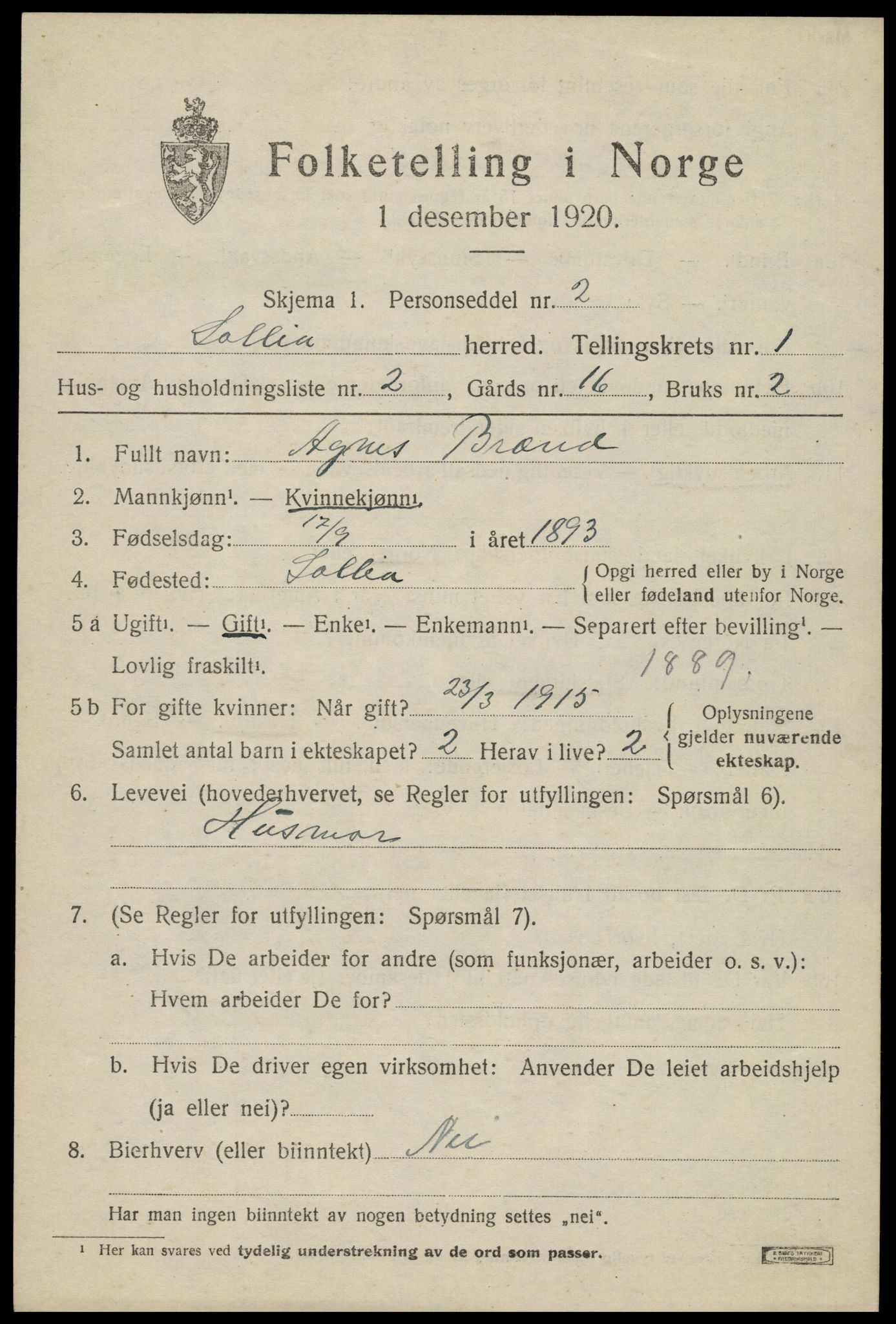 SAH, 1920 census for Sollia, 1920, p. 205