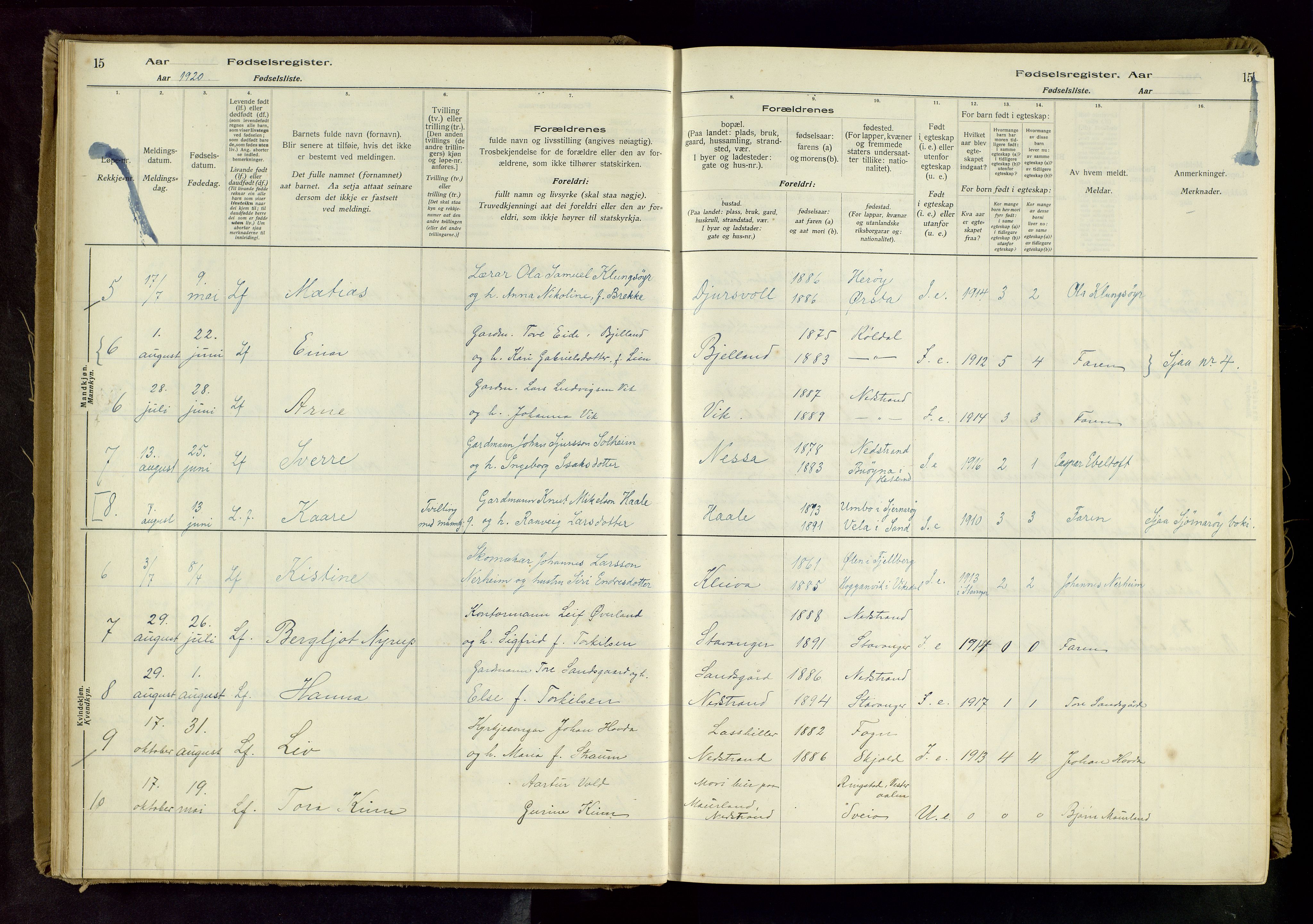 Nedstrand sokneprestkontor, SAST/A-101841/03/C/L0001: Birth register no. 1, 1916-1981, p. 15