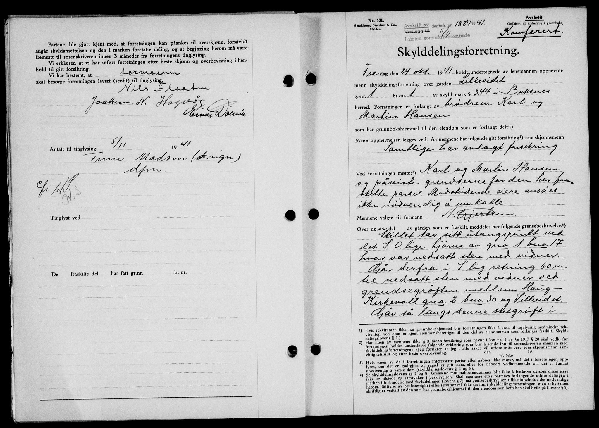 Lofoten sorenskriveri, SAT/A-0017/1/2/2C/L0009a: Mortgage book no. 9a, 1941-1942, Diary no: : 1887/1941