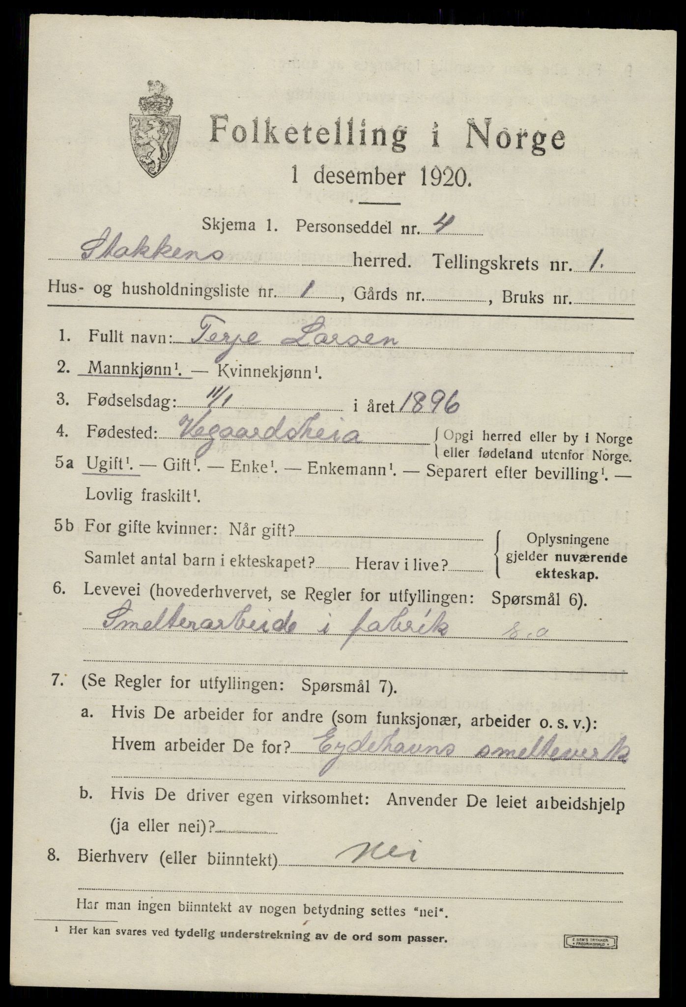 SAK, 1920 census for Stokken, 1920, p. 578