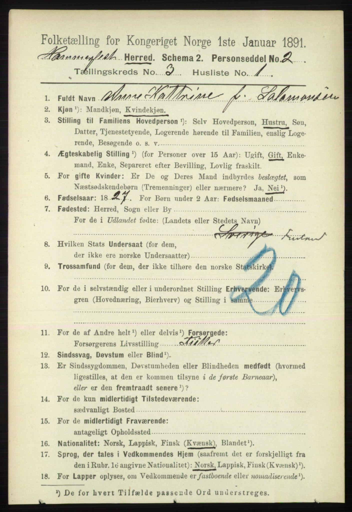 RA, 1891 census for 2016 Hammerfest, 1891, p. 1002