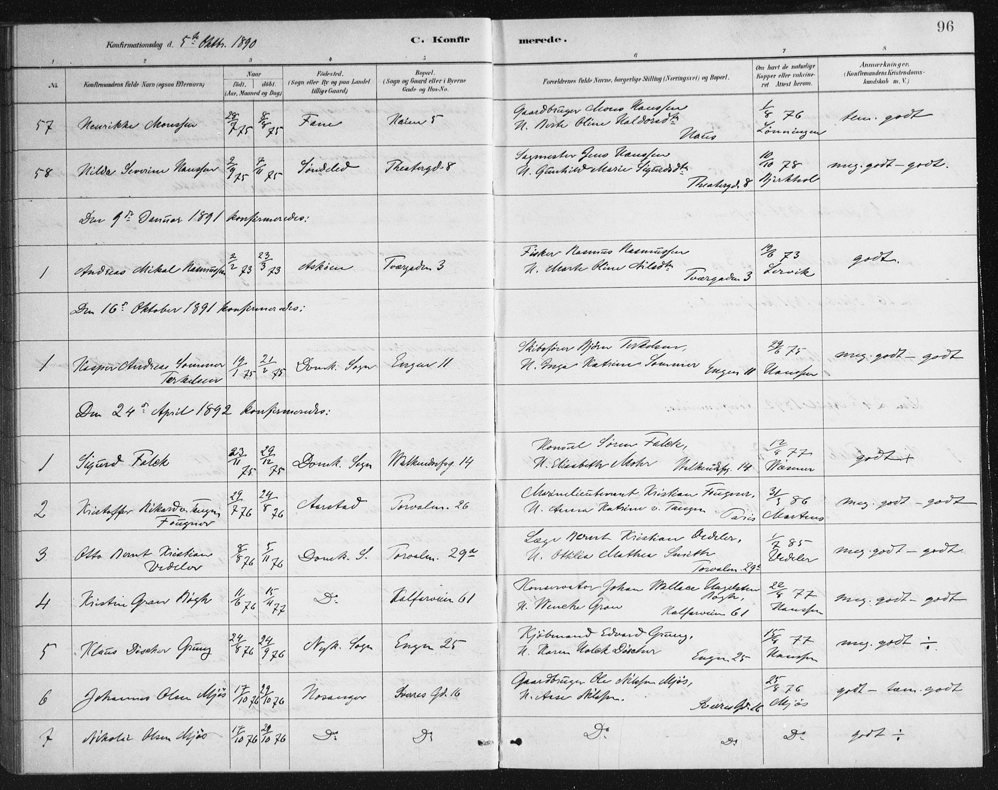 Domkirken sokneprestembete, SAB/A-74801/H/Haa/L0066: Curate's parish register no. A 4, 1880-1912, p. 96