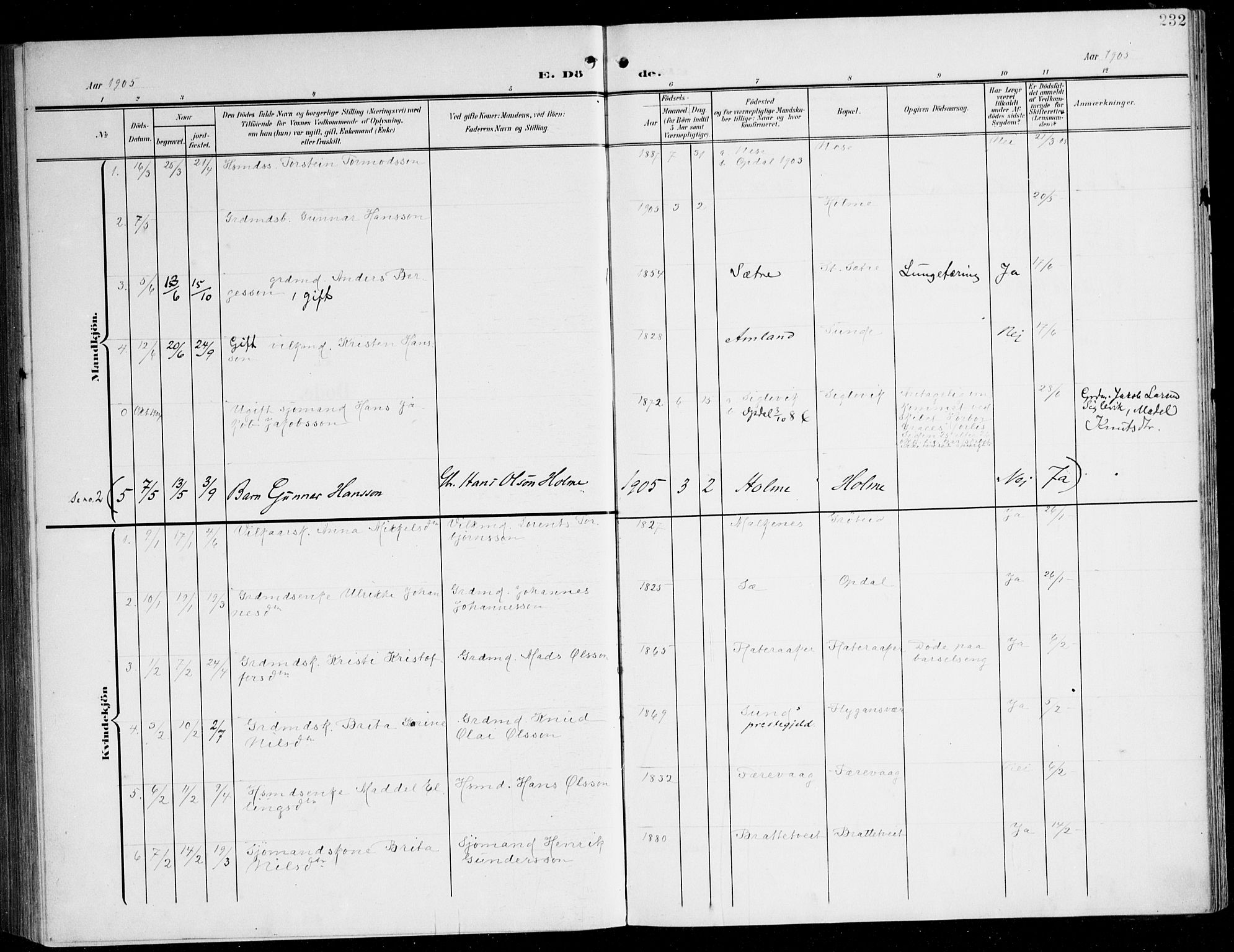 Tysnes sokneprestembete, SAB/A-78601/H/Haa: Parish register (official) no. D 2, 1905-1922, p. 232