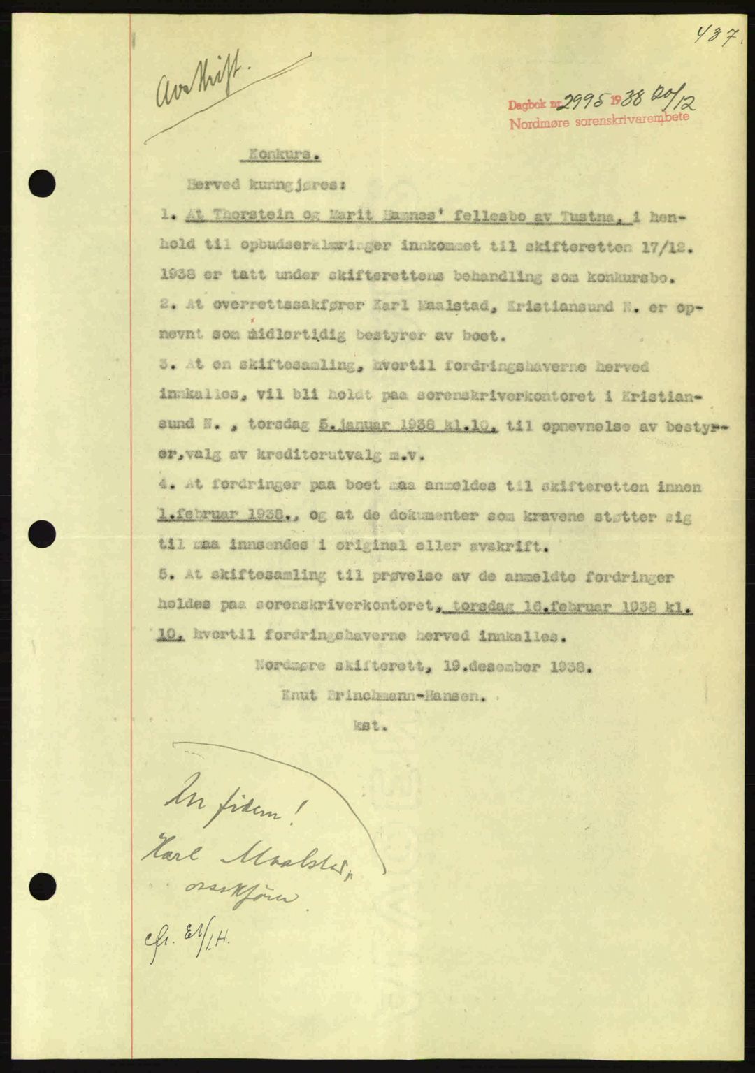 Nordmøre sorenskriveri, SAT/A-4132/1/2/2Ca: Mortgage book no. B84, 1938-1939, Diary no: : 2995/1938