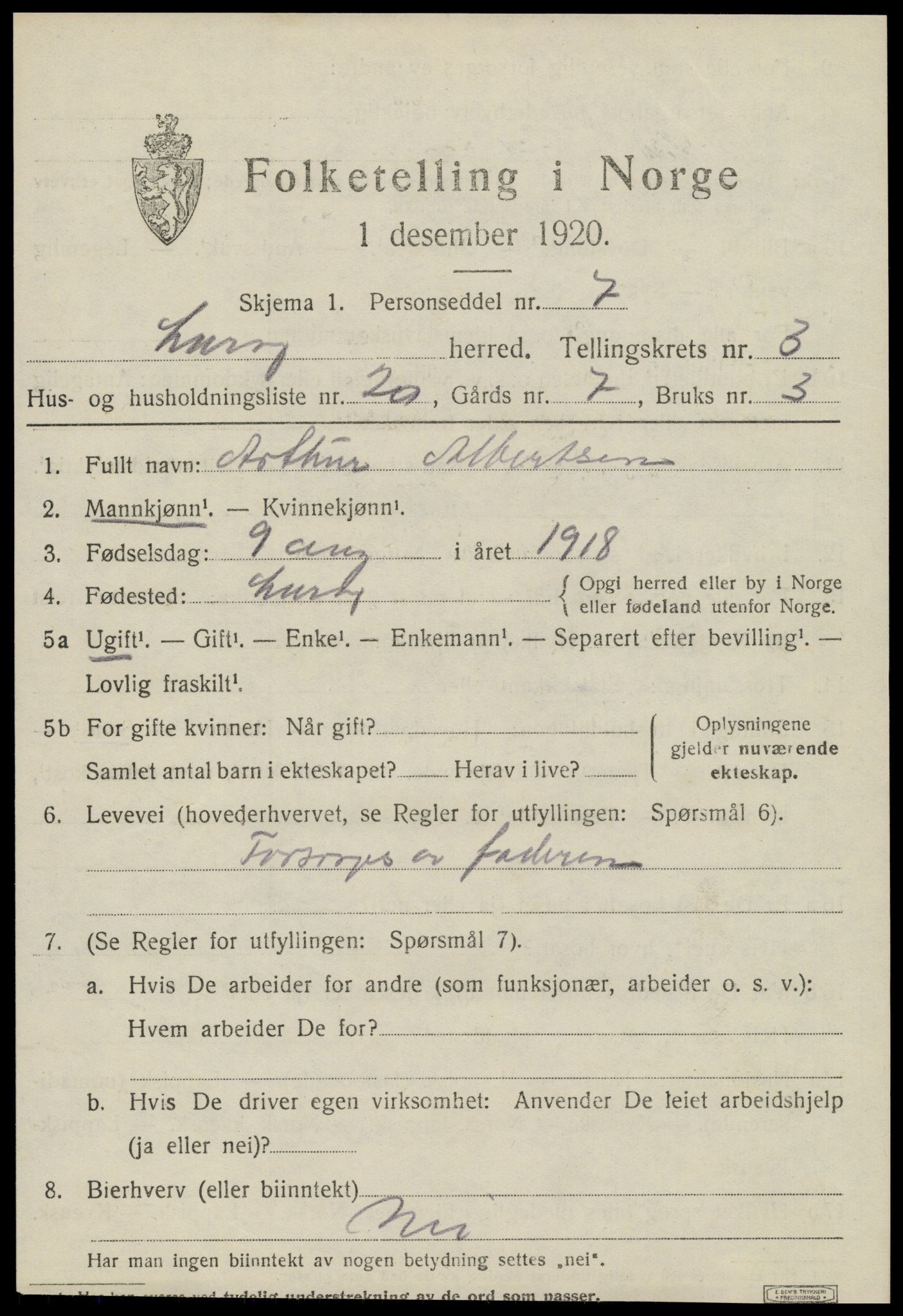 SAT, 1920 census for Lurøy, 1920, p. 2033