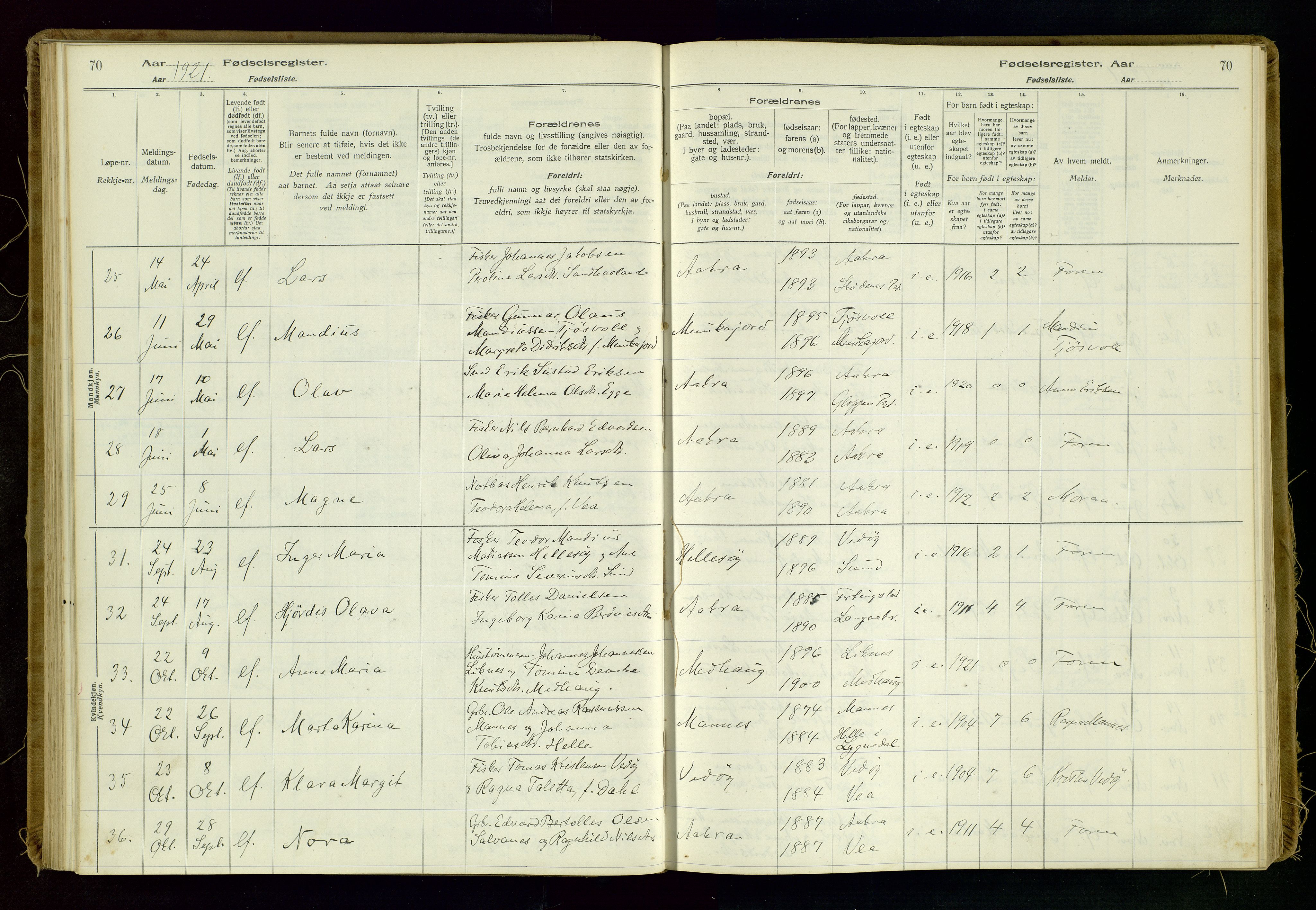 Kopervik sokneprestkontor, AV/SAST-A-101850/I/Id/L0006: Birth register no. 6, 1916-1934, p. 70