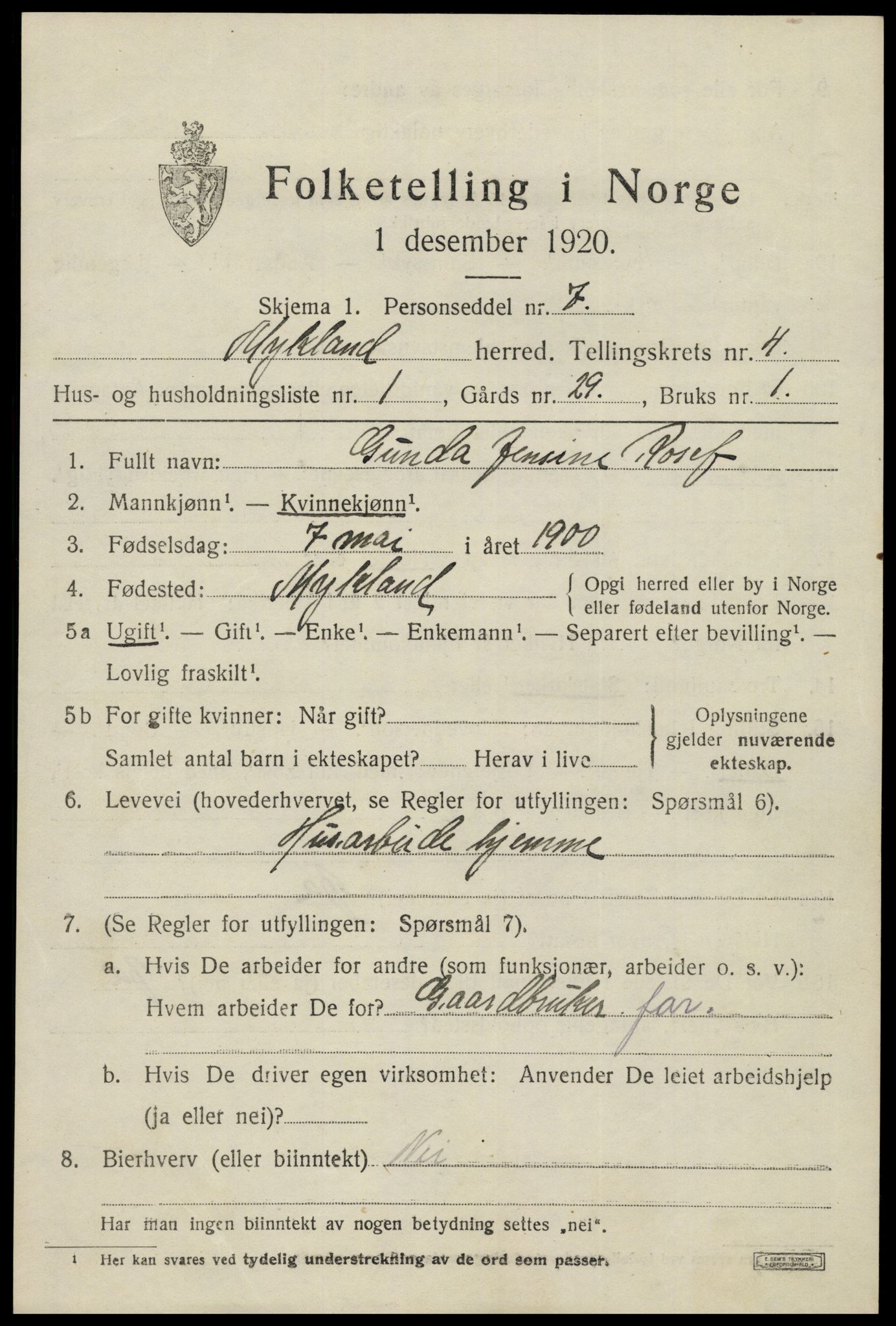 SAK, 1920 census for Mykland, 1920, p. 1334