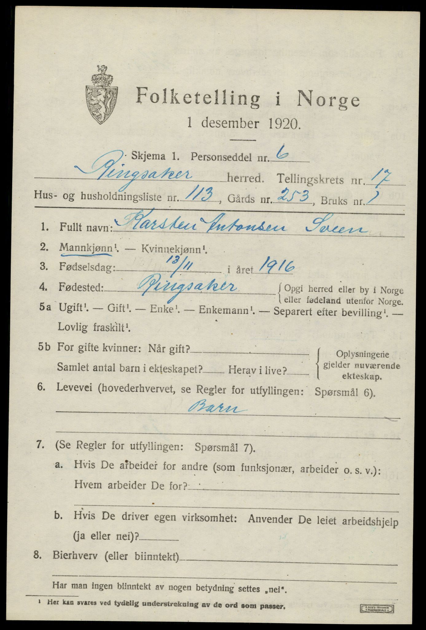 SAH, 1920 census for Ringsaker, 1920, p. 25056