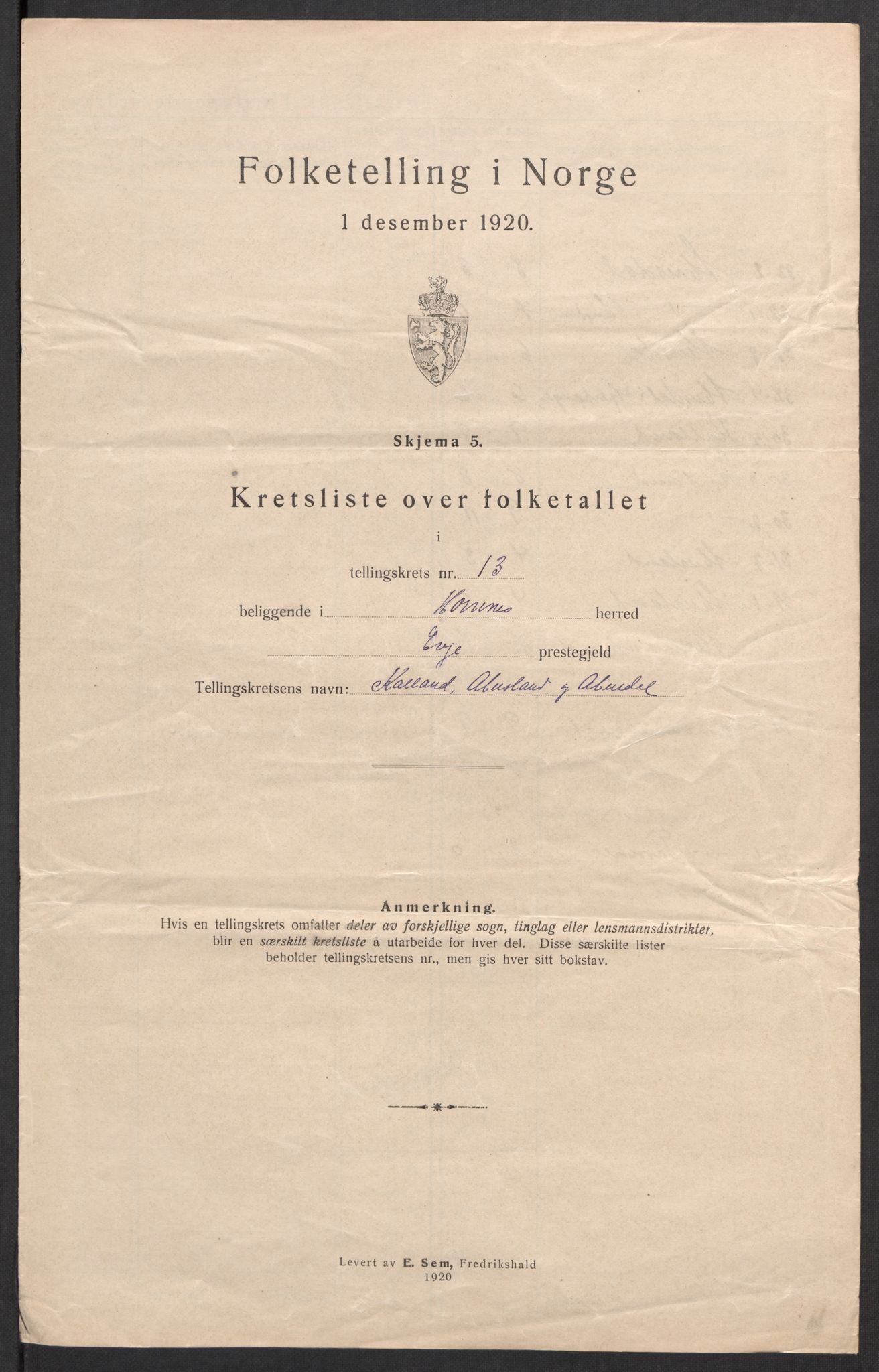 SAK, 1920 census for Hornnes, 1920, p. 47