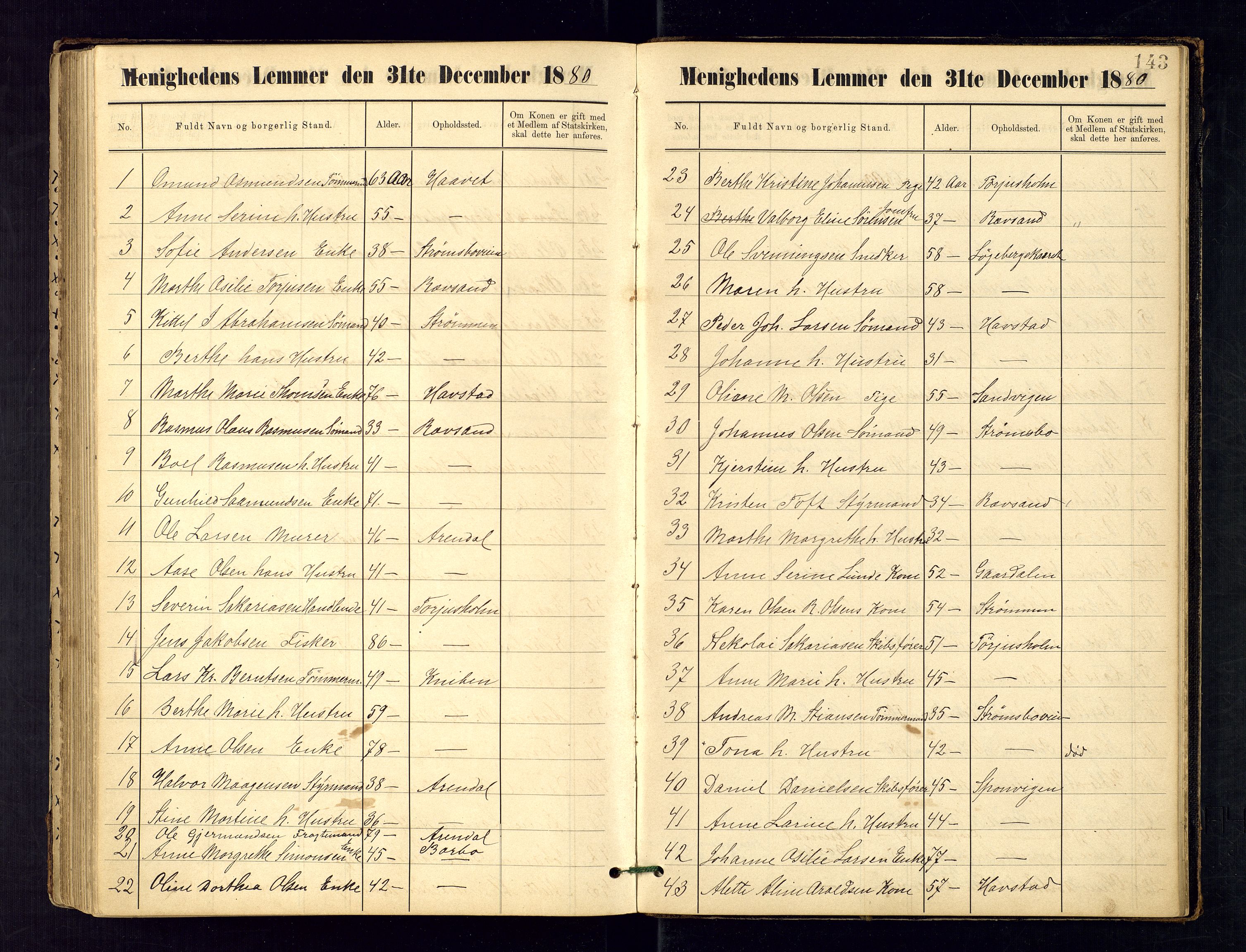 Metodistmenigheten, Arendal, SAK/1292-0011/F/Fa/L0003: Dissenter register no. 3, 1879-1893, p. 143