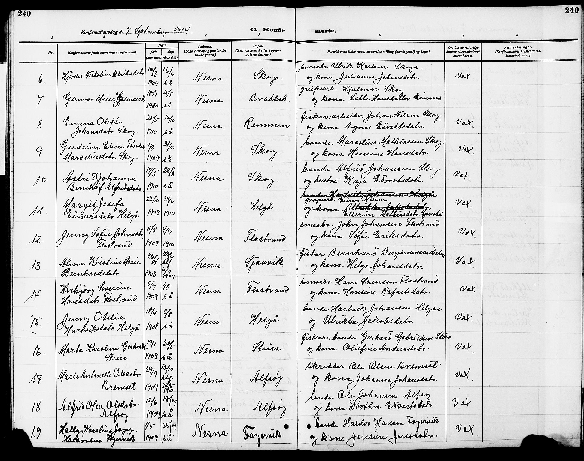 Ministerialprotokoller, klokkerbøker og fødselsregistre - Nordland, SAT/A-1459/838/L0560: Parish register (copy) no. 838C07, 1910-1928, p. 240