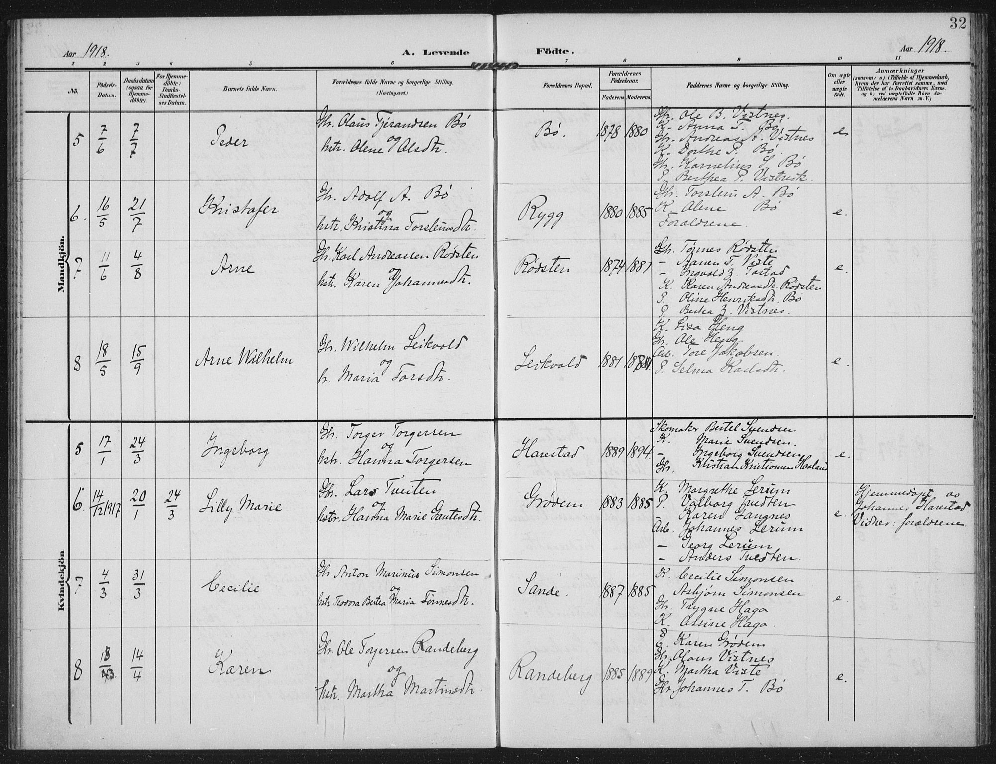 Hetland sokneprestkontor, AV/SAST-A-101826/30/30BA: Parish register (official) no. A 14, 1905-1919, p. 32