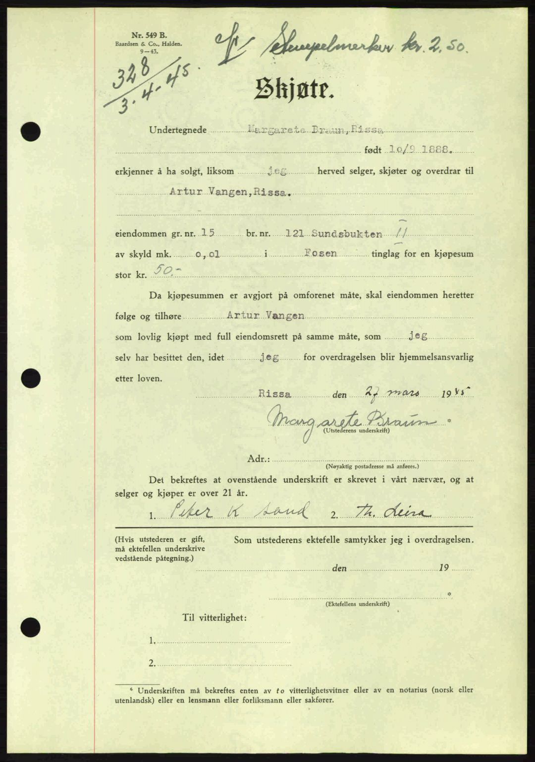 Fosen sorenskriveri, AV/SAT-A-1107/1/2/2C: Mortgage book no. A3, 1943-1945, Diary no: : 328/1945