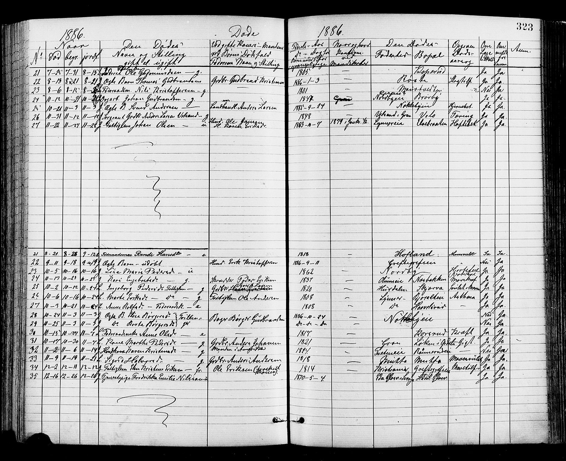 Jevnaker prestekontor, SAH/PREST-116/H/Ha/Haa/L0008: Parish register (official) no. 8, 1877-1890, p. 323