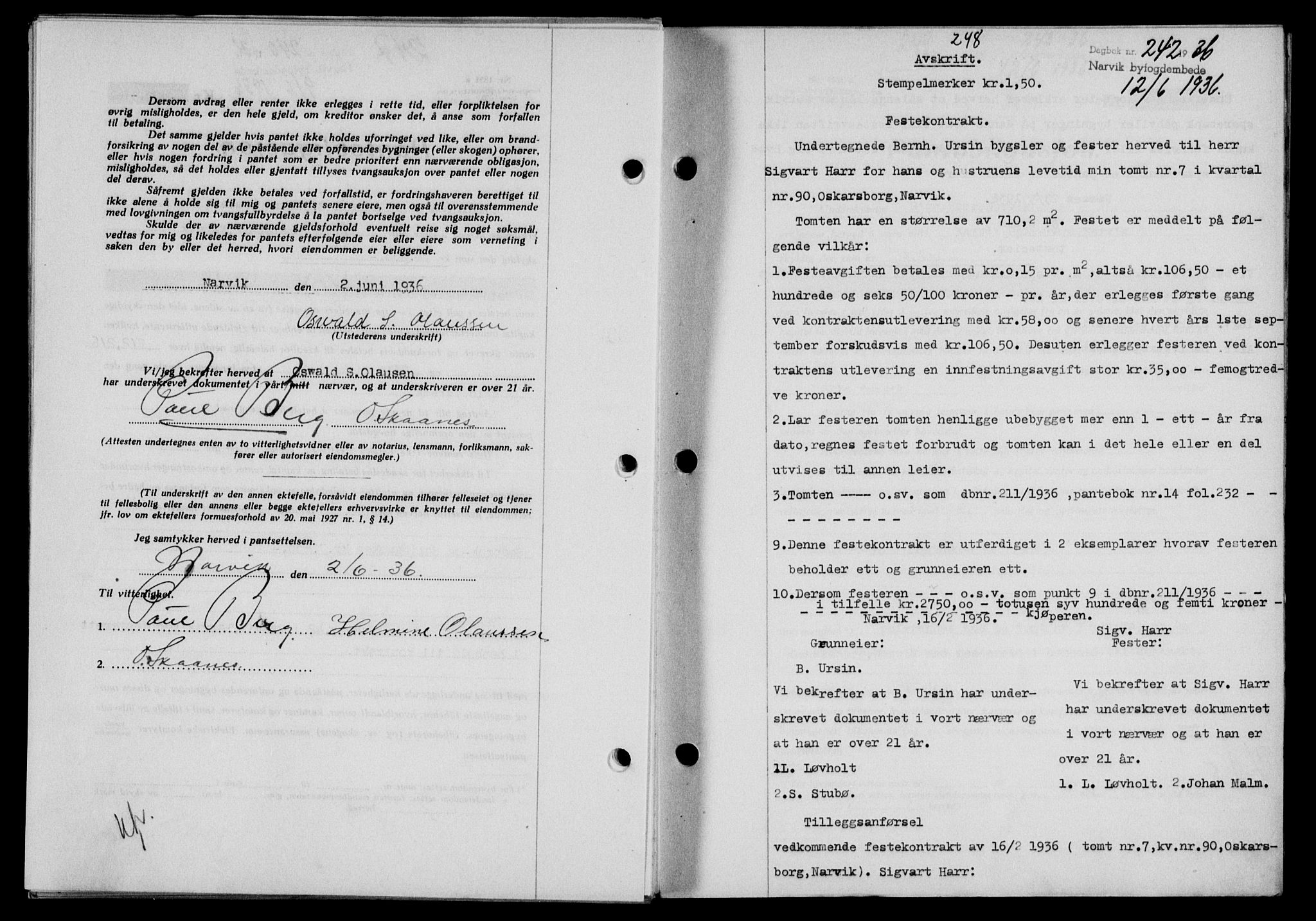 Narvik sorenskriveri, SAT/A-0002/1/2/2C/2Ca/L0011: Mortgage book no. 14, 1935-1937, Deed date: 12.06.1936
