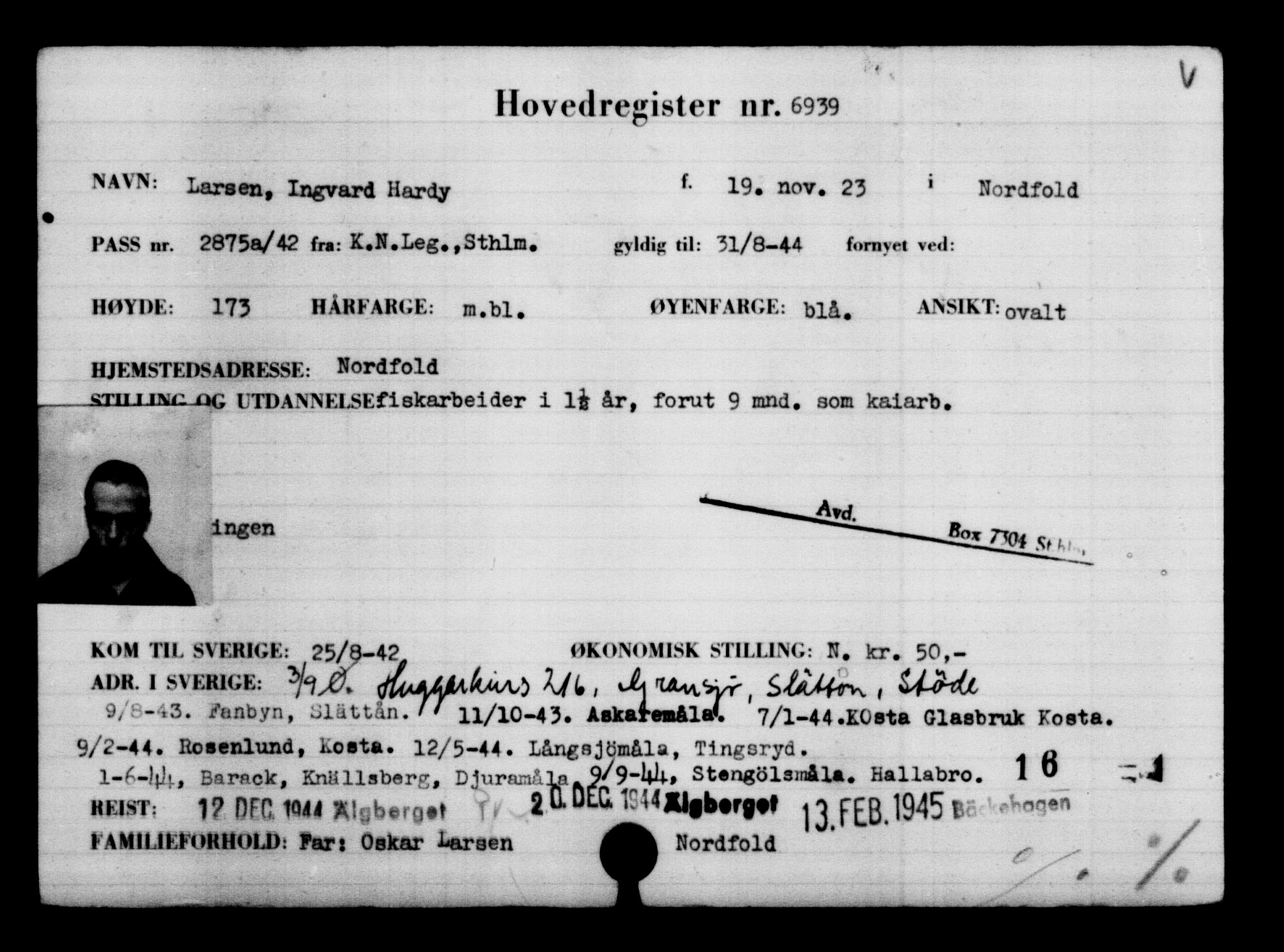 Utenriksstasjonene, Legasjonen i Stockholm, Flyktningkontoret, AV/RA-S-6753/V/Va/L0005: Kjesäterkartoteket, flyktninger med registreringsnr. 6600-9417, 1940-1945, p. 412
