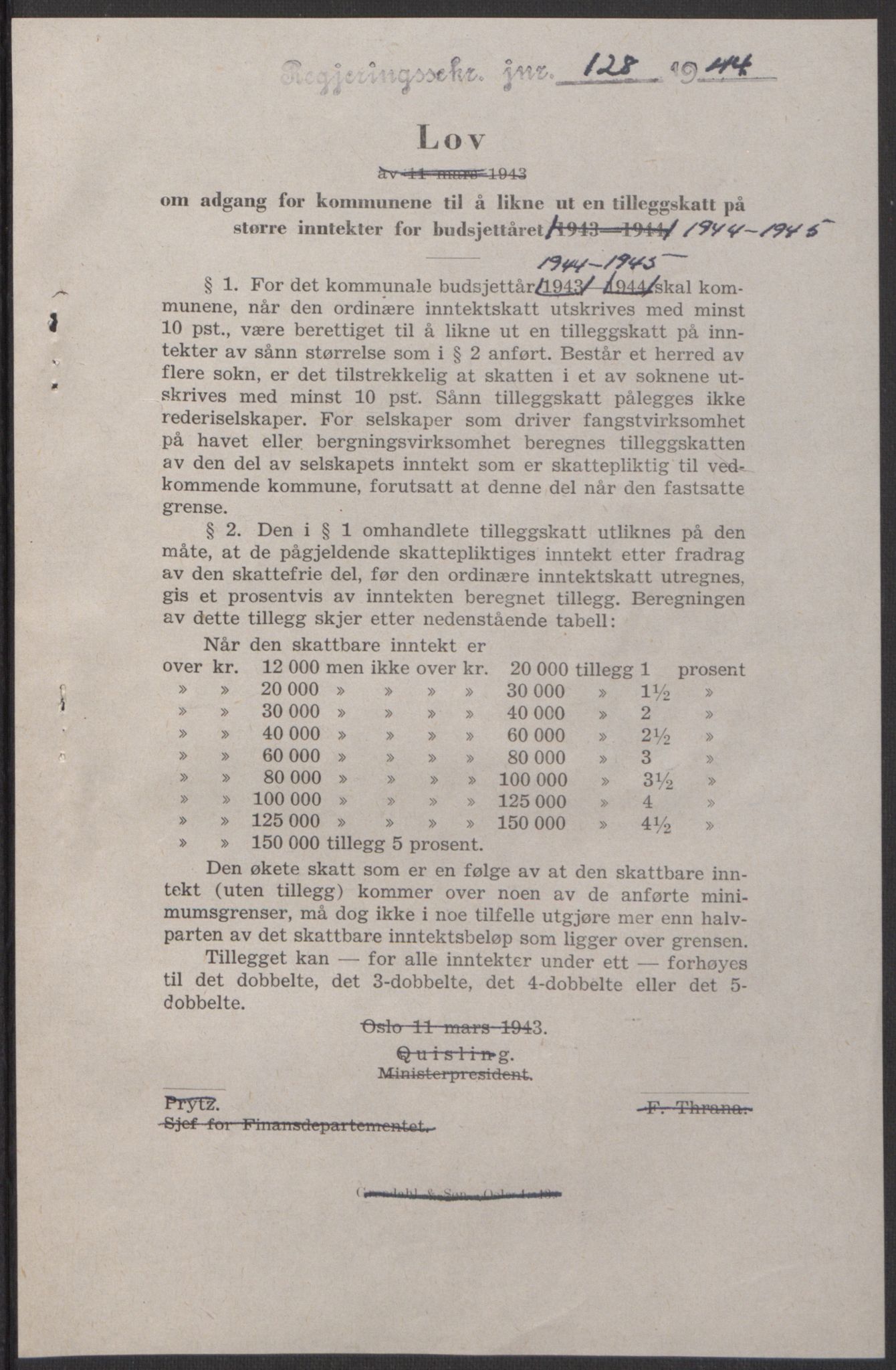 NS-administrasjonen 1940-1945 (Statsrådsekretariatet, de kommisariske statsråder mm), RA/S-4279/D/Db/L0100: Lover, 1944, p. 237