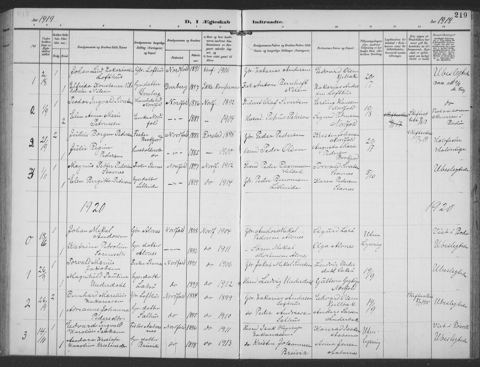 Ministerialprotokoller, klokkerbøker og fødselsregistre - Nordland, AV/SAT-A-1459/858/L0835: Parish register (copy) no. 858C02, 1904-1940, p. 219