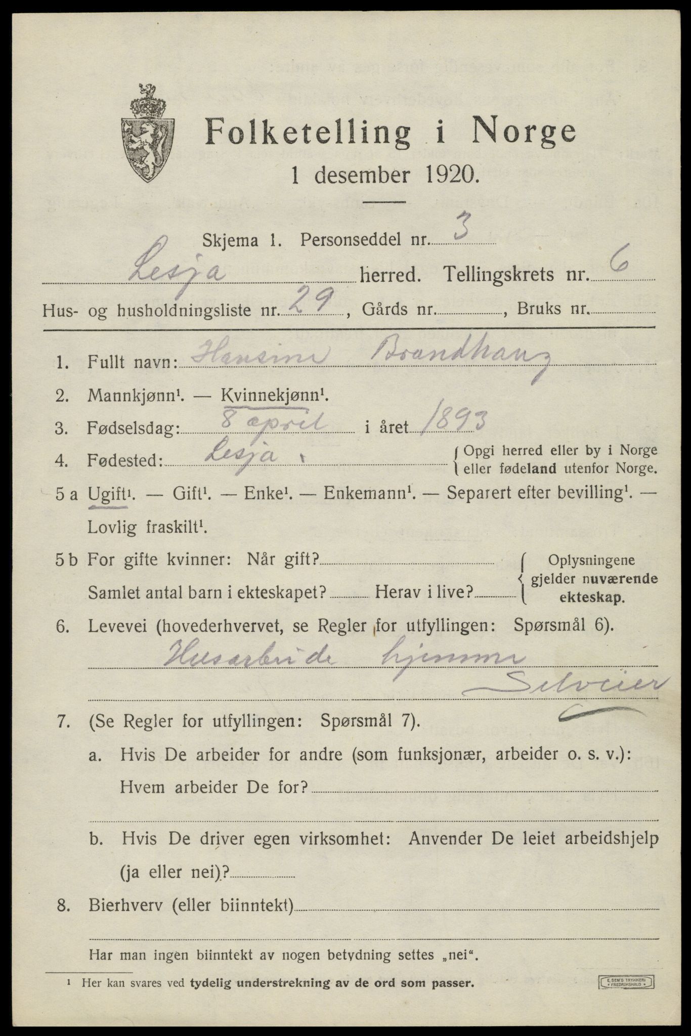 SAH, 1920 census for Lesja, 1920, p. 3545