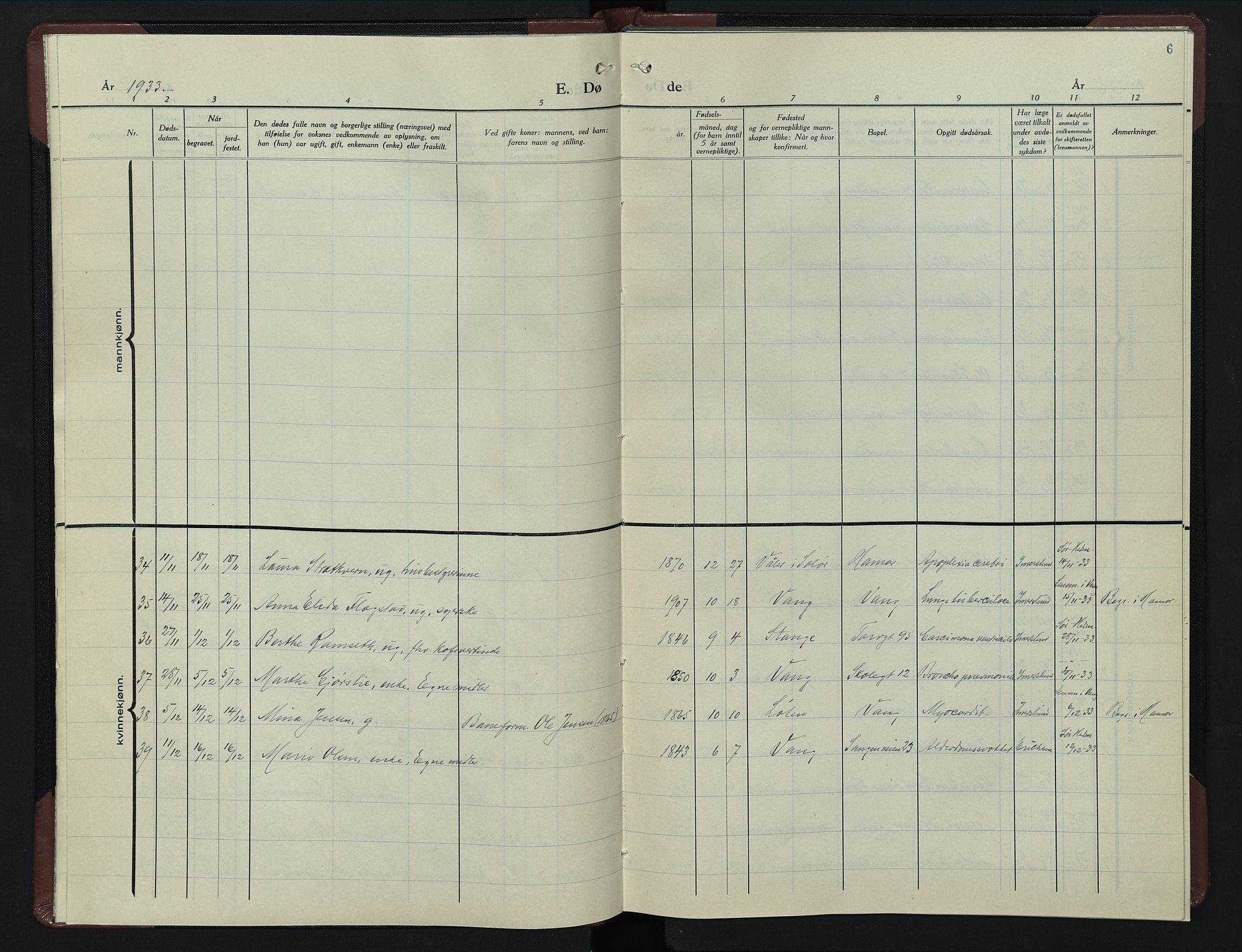 Hamar prestekontor, AV/SAH-DOMPH-002/H/Ha/Hab/L0007: Parish register (copy) no. 7, 1933-1950, p. 6