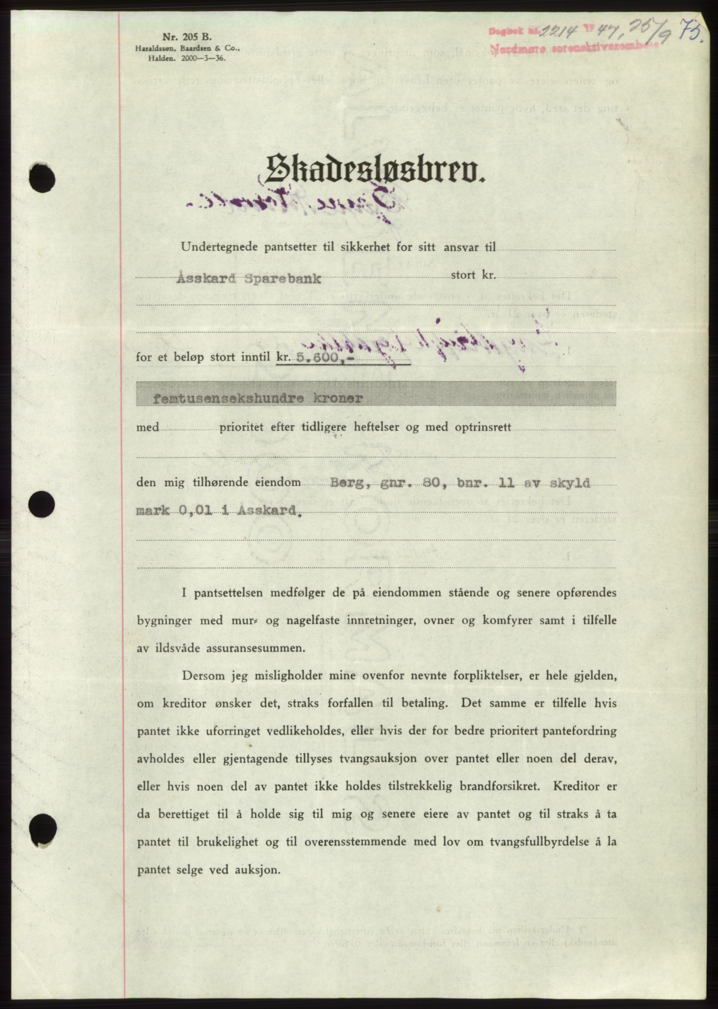 Nordmøre sorenskriveri, AV/SAT-A-4132/1/2/2Ca: Mortgage book no. B97, 1947-1948, Diary no: : 2214/1947