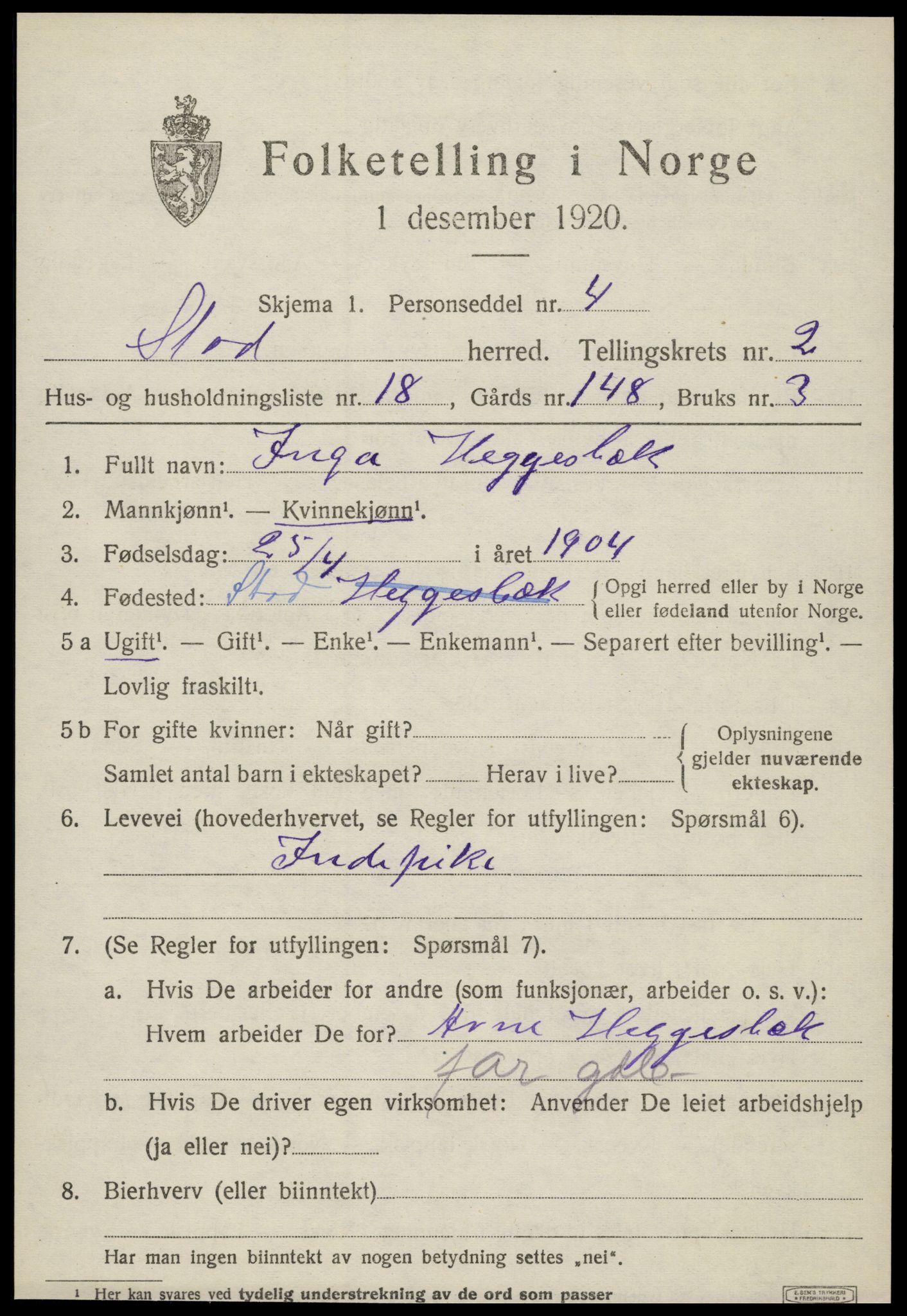 SAT, 1920 census for Stod, 1920, p. 1454