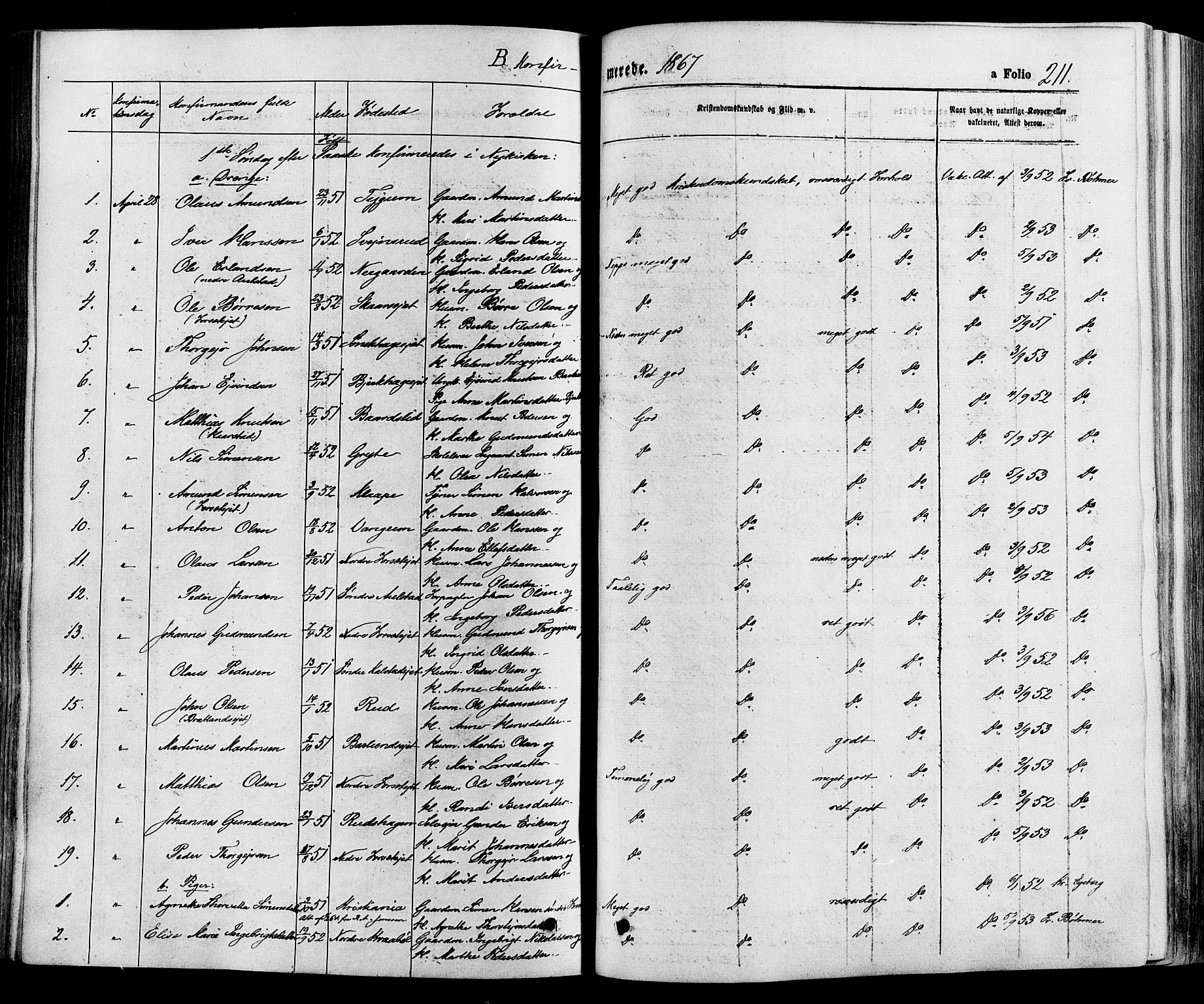 Gausdal prestekontor, SAH/PREST-090/H/Ha/Haa/L0010: Parish register (official) no. 10, 1867-1886, p. 211