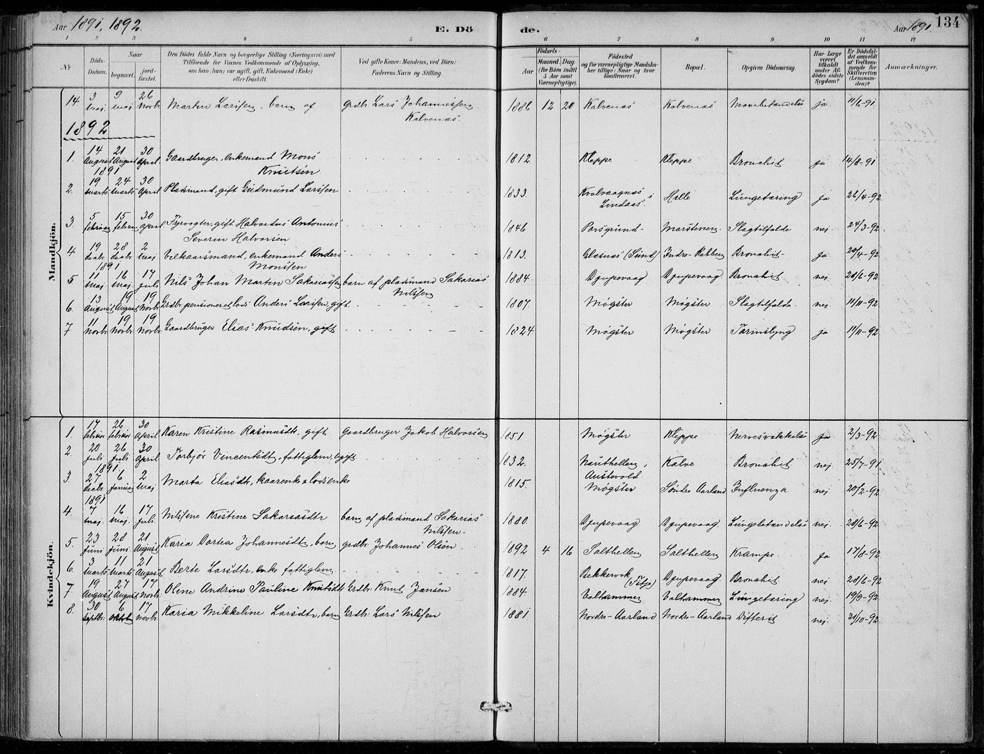 Sund sokneprestembete, AV/SAB-A-99930: Parish register (official) no. D 1, 1882-1899, p. 134